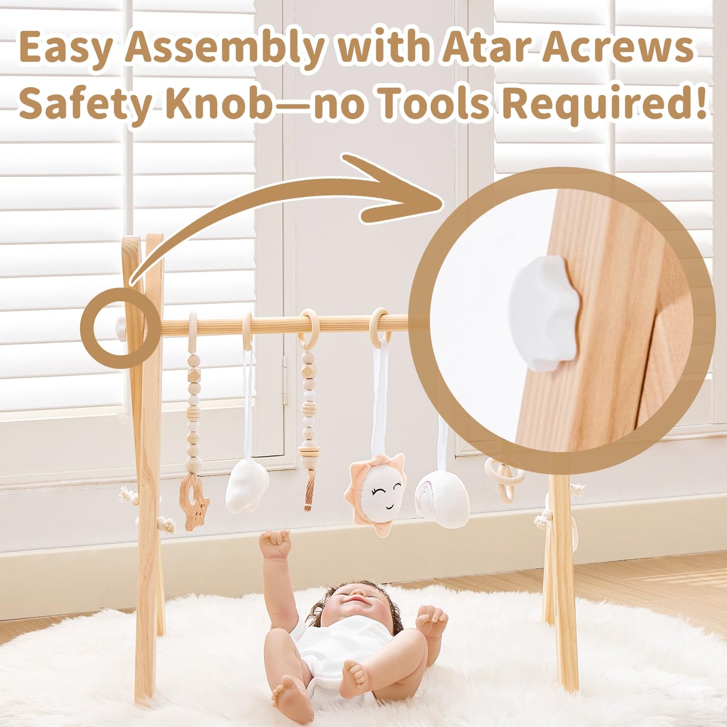 Foldable Wooden Baby Play Gym, Activity Center with 6 Sensory Hanging Toys Natural Wood Montessori Toys for Babies Indoor Gym, No-Tool Assembly Newborn for Infant Motor Development