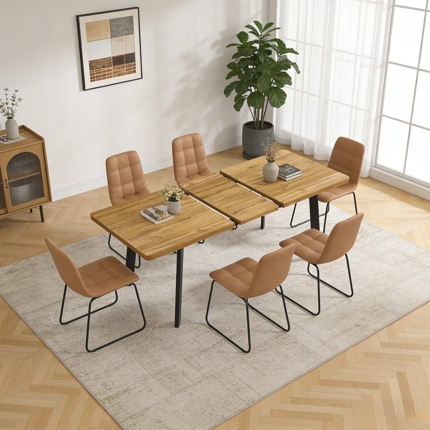 Extendable Dining Table Set for 6 to 8 People, 63" to 78.7" Modern Kitchen Table Set with 6 Chairs, MDF Dining Room Table and Chairs with Removable Extension Leaf (Walnut Table+U-Shaped Brown Chairs)
