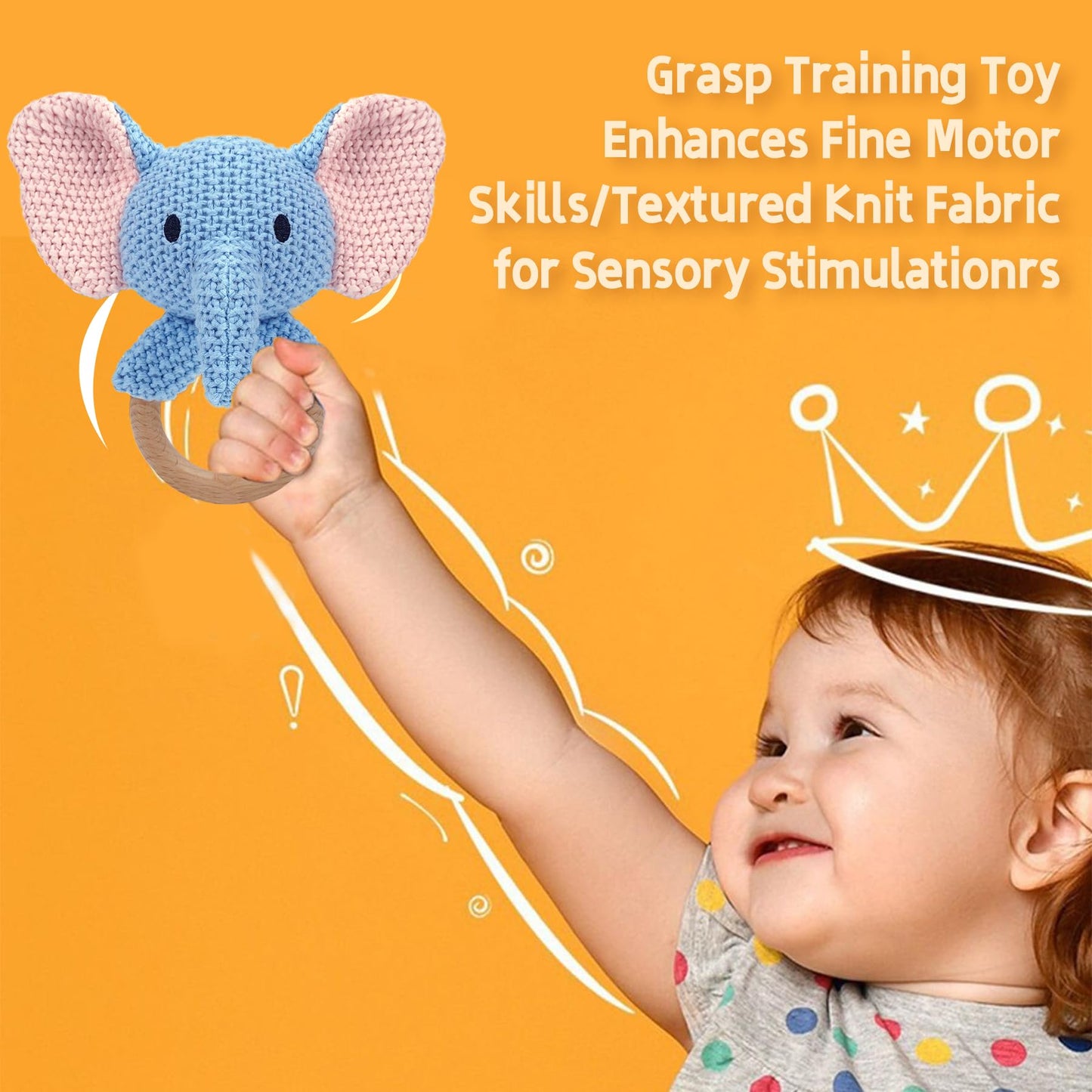 JUSTQUNSEEN Elephant Baby Rattle Teething Ring Hand Knitted CrochetCute Jungle Animal Sensory Toy for Baby Boys Girls 0-3 Months Plush Stuffed Texture Montessori Grasping Shaker Stroller Travel Gift