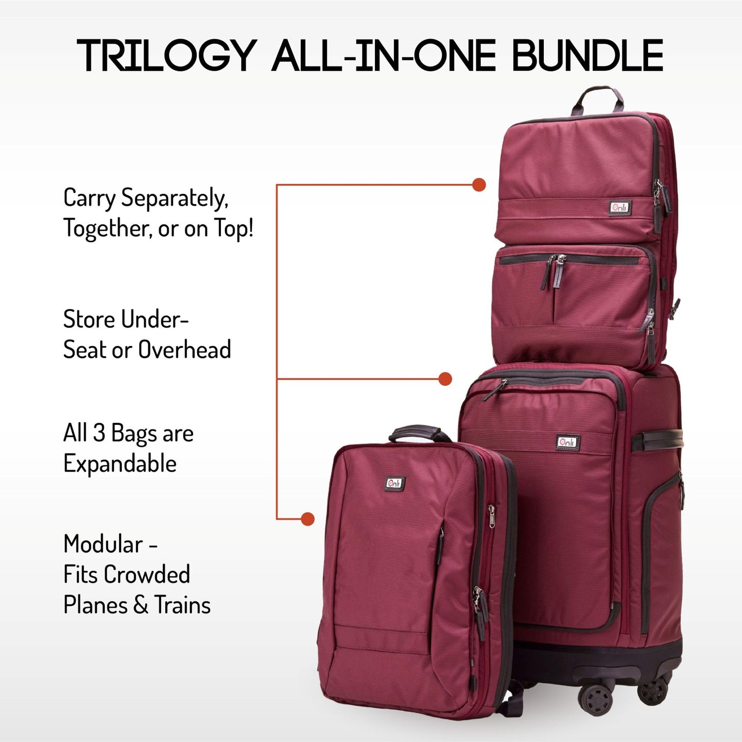 ONLI TRAVEL Trilogy All-In-One Bundle: 3-Part Modular Rolling Pack and 8 Perfect Fit Packing Cubes and a padded hip belt. Get 3 bags in 1 (Zinfandel)