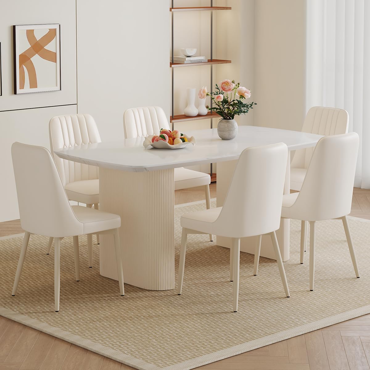 Ebullient 67'' White Dining Table Set for 6, Kitchen Table Chairs Set with Sleek Ripple Pedestal Base, Modern Dining Table Set with 6 Metal Leg Chairs, Ideal for Dining Room, Living Room, Saving Space
