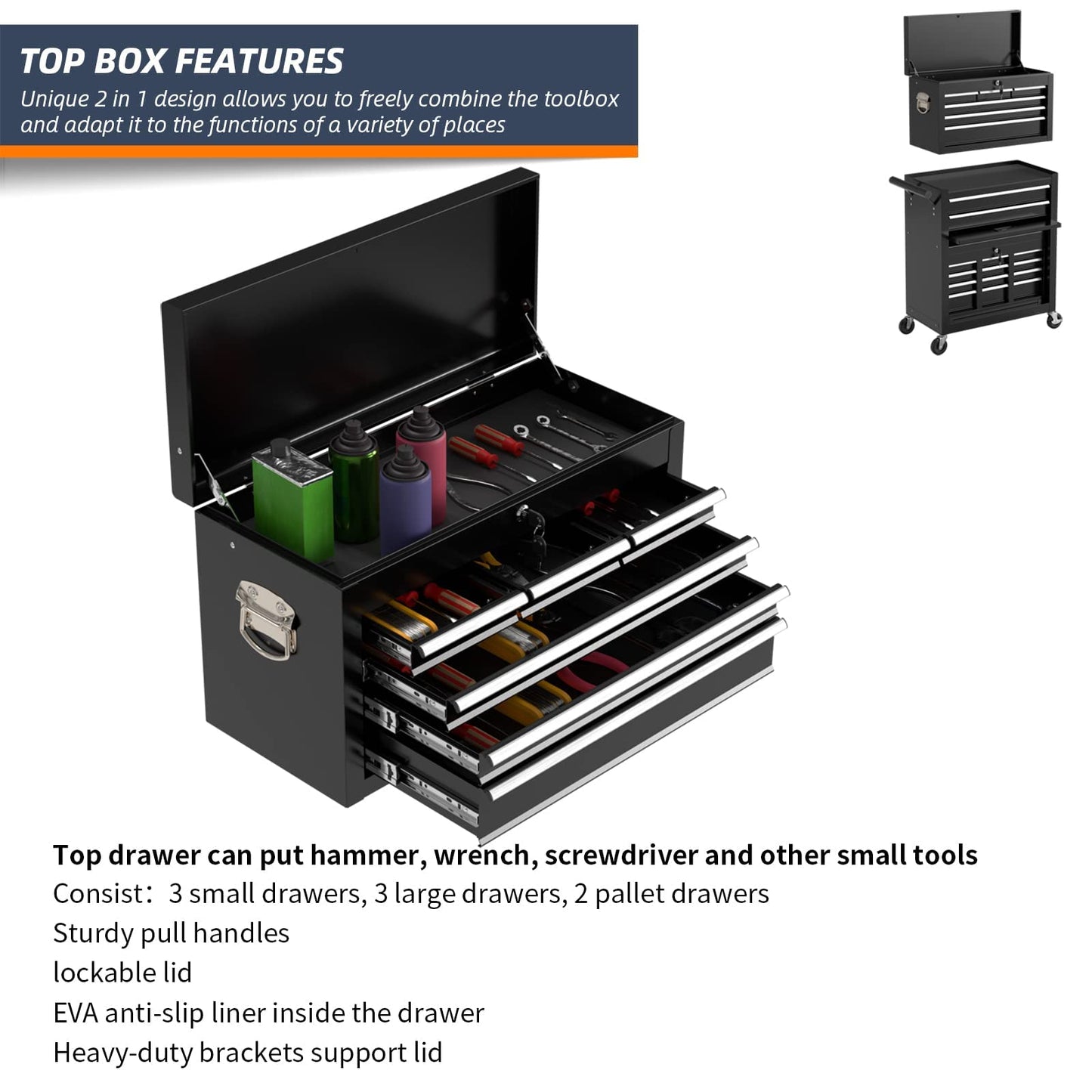DYneeds 8-Drawer High Capacity Rolling Tool Box, Removable Cabinet Storage Tool Chest with Wheels and Drawers, Detachable Toolbox with Lock for Mechanics Garage Workshop and Tool Room (Black)