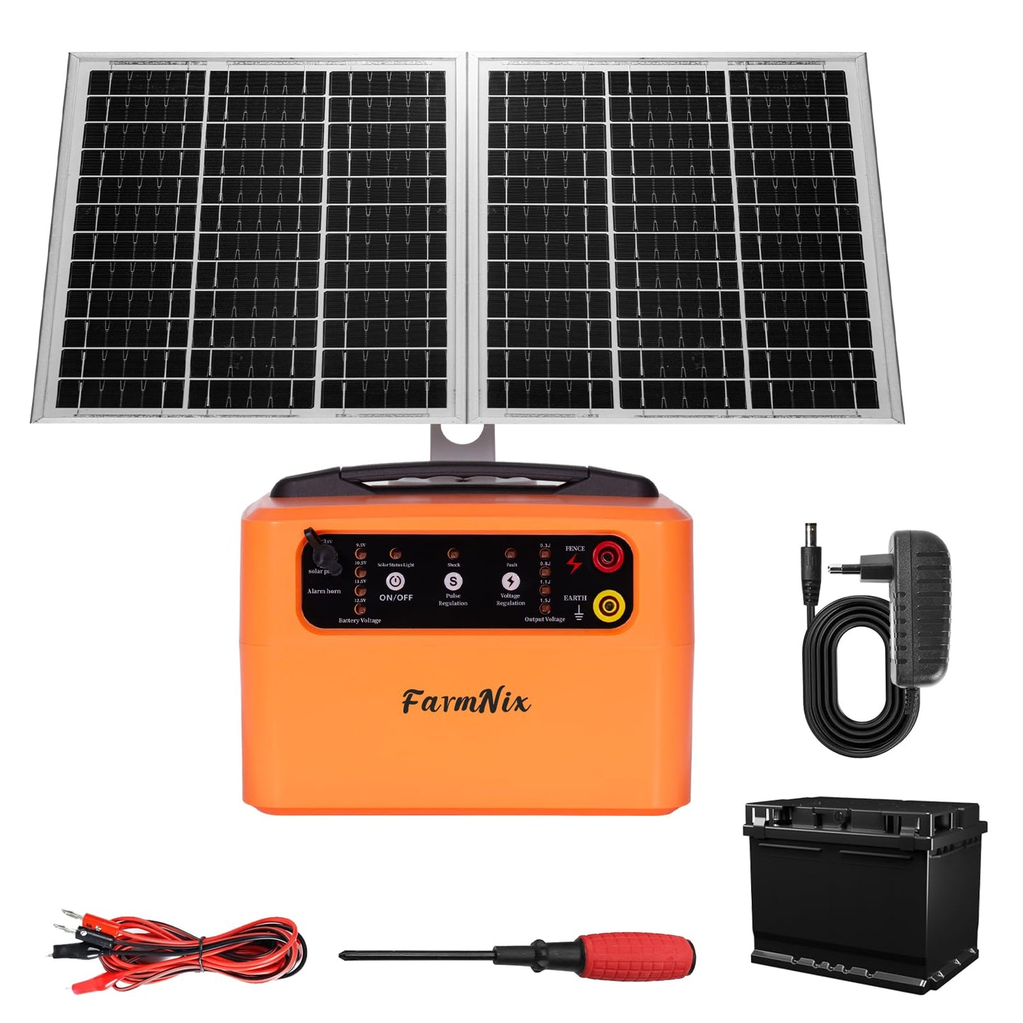 FarmNix 24 Hour Solar Electric Fence Charger, 30 Miles Solar Fence Energizer, 12KV Adjustable Output, 1.5J Solar Charger, 15W Solar Powered Electric Fence Kit for Livestock, Predator Protection