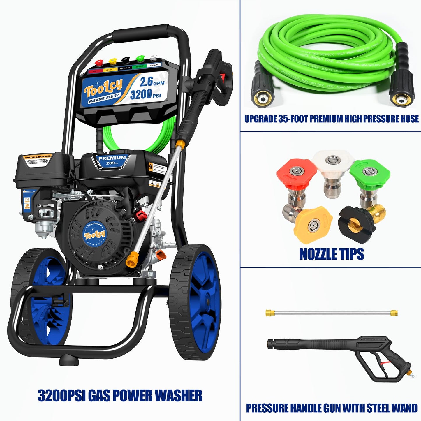TOOLCY 3200 PSI Gas Pressure Washer, 2.6 GPM Gas Powered Power Washer Reinforced Pump & 209cc OHV Engine, 35FT Pressure Hose, Quick Connect Swivel Pressure Gun, 5 Nozzles for Homes (No Soap Tank)
