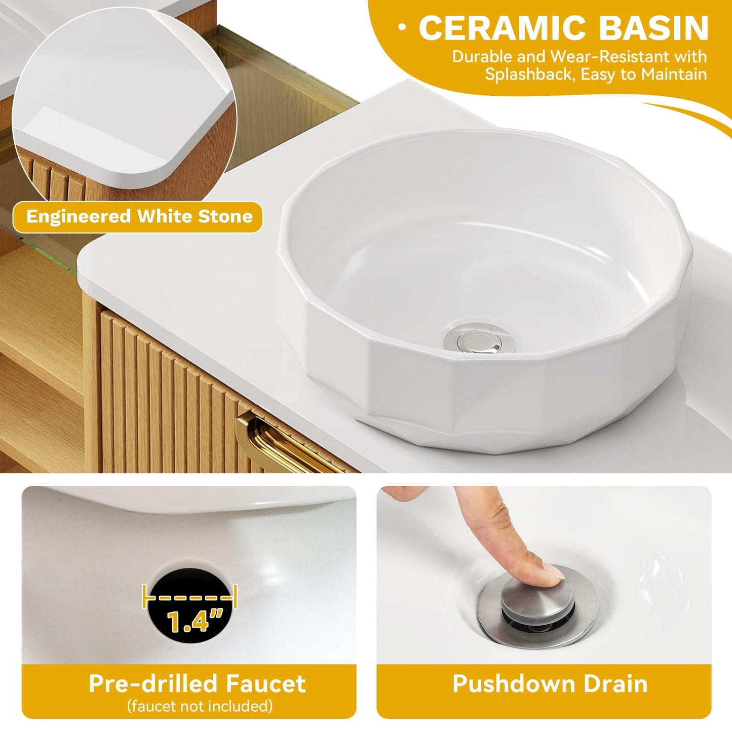 YITAHOME 72 Inch Floating Bathroom Vanity with 2 Faceted Ceramic Basins, Wall-Mounted Vanity with Engineered White Stone Top, 4 Large Storage Drawers & 4 Open Spaces, Wood Grain Texture, Light Walnut