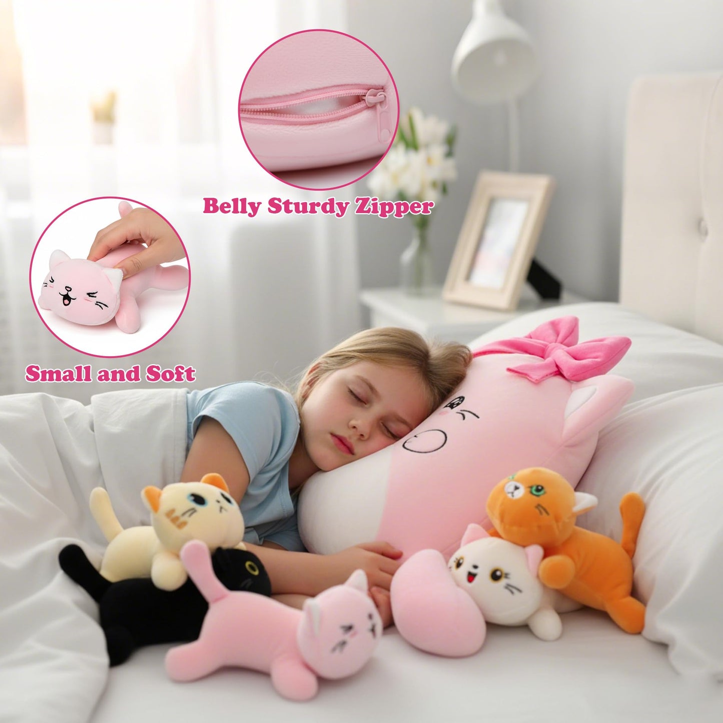 Cat with 5 babies Stuffed Animals - 15 Inch Cats Mommy with Small Babies Plush Inside 6-Piece Cute Realistic Cat Plushies Machine Wash Interactive Adopt Toy Toddler Girls Boys 0-8 Kids Birthdays Gift