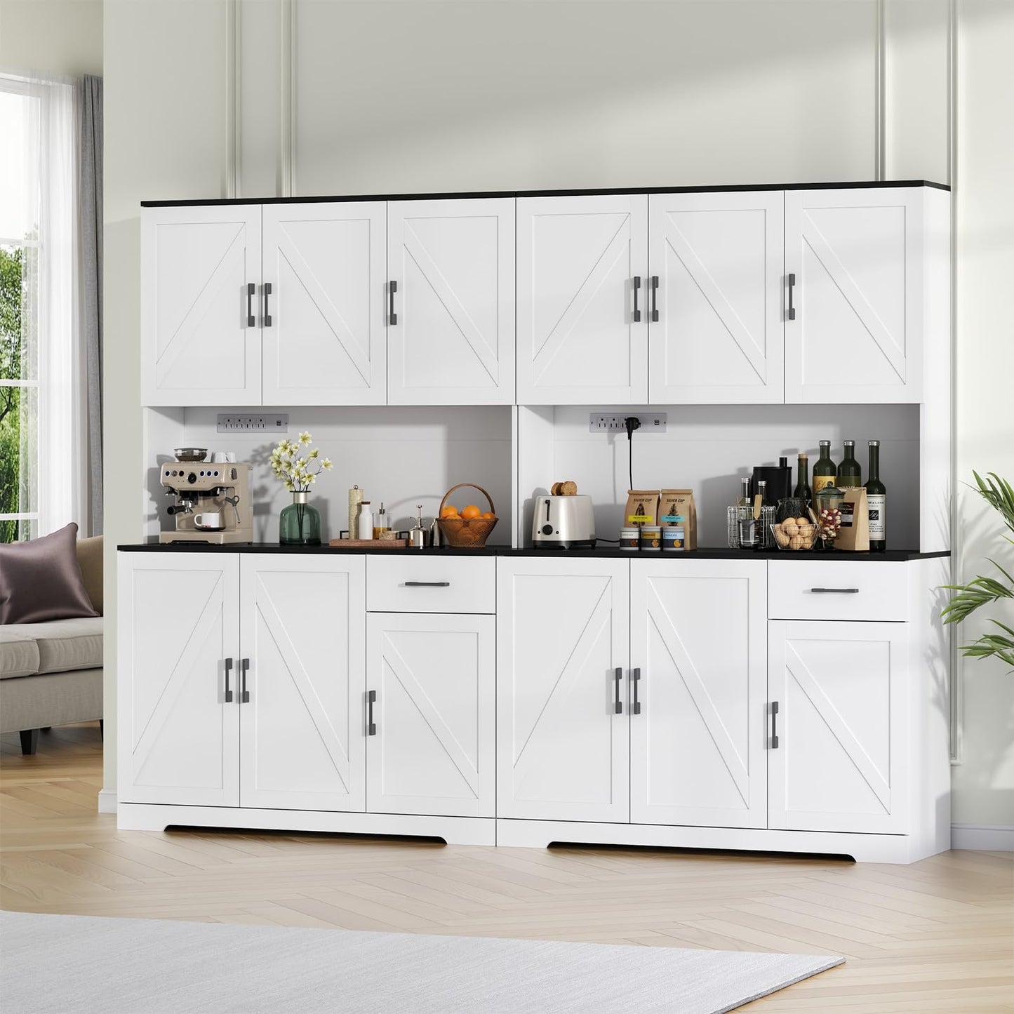 71" Tall Kitchen Pantry Storage Cabinet with Charging Station,Farmhouse Buffet Cabinet with Microwave Shelf,Large Kitchen Hutch Cabinet Doors & Drawer,Food Pantry for Dining Room,Living Room (White)