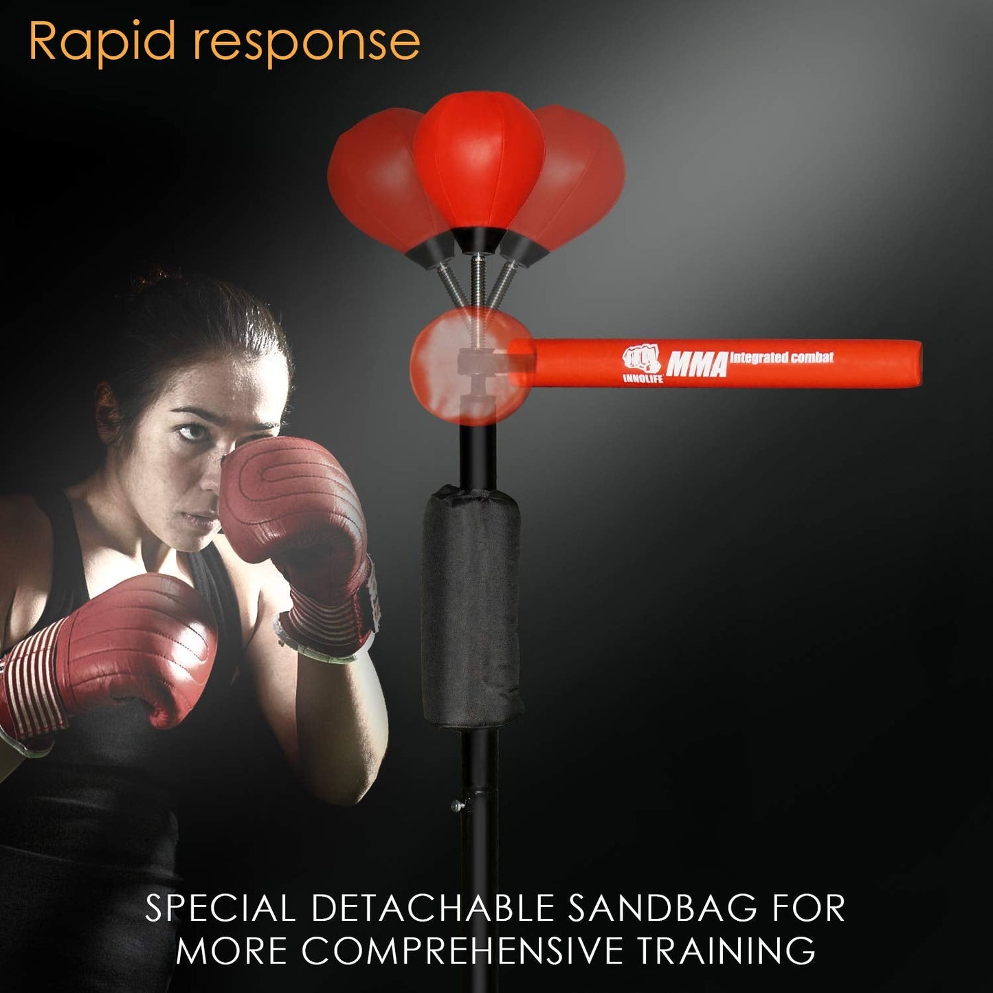 INNOLIFE Boxing Bar, MMA Boxing Speed Trainer Ripid Spinning Bar with Punch Head & Punch Bag, Boxing Equipment for Home, Gym