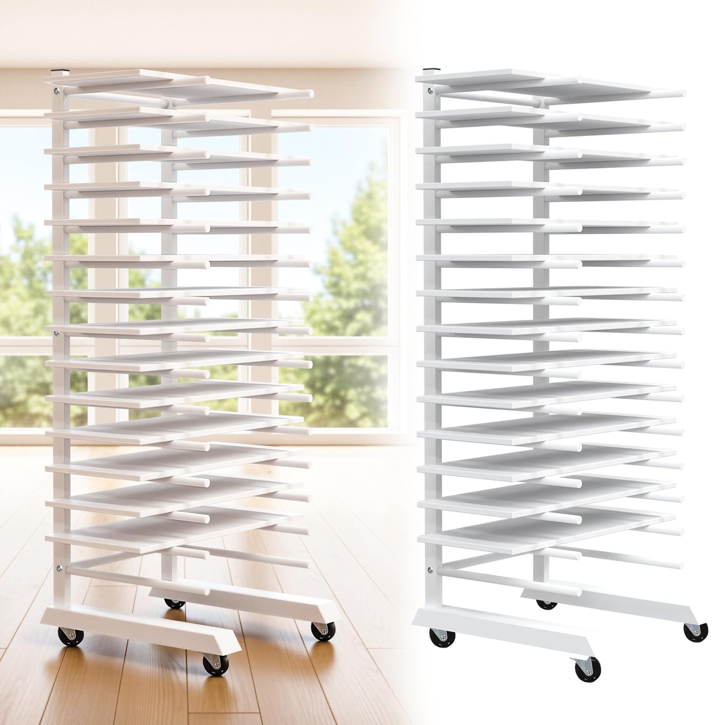 Colingmill 1 Pack 15 Tier Cabinet Doors Paint Drying Rack with Casters 16 in Rods 20 in Base White Powder Coated Iron Detachable Crossbars Space Saving for Painted Wood Panels Doors