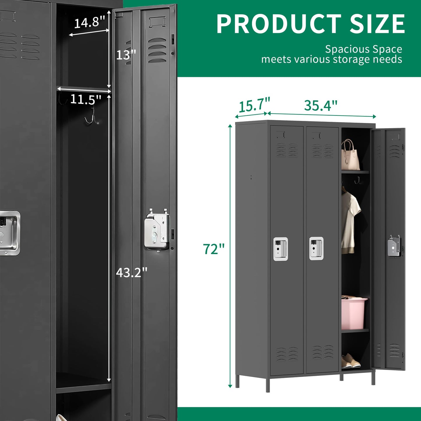 IKIMI Metal Locker Locking Storage Lockers for Employees,72" Tall Staff Locker with Shelves and Hooks Steel Sports Locker Cabinet for Office Home School Gym Garage Black