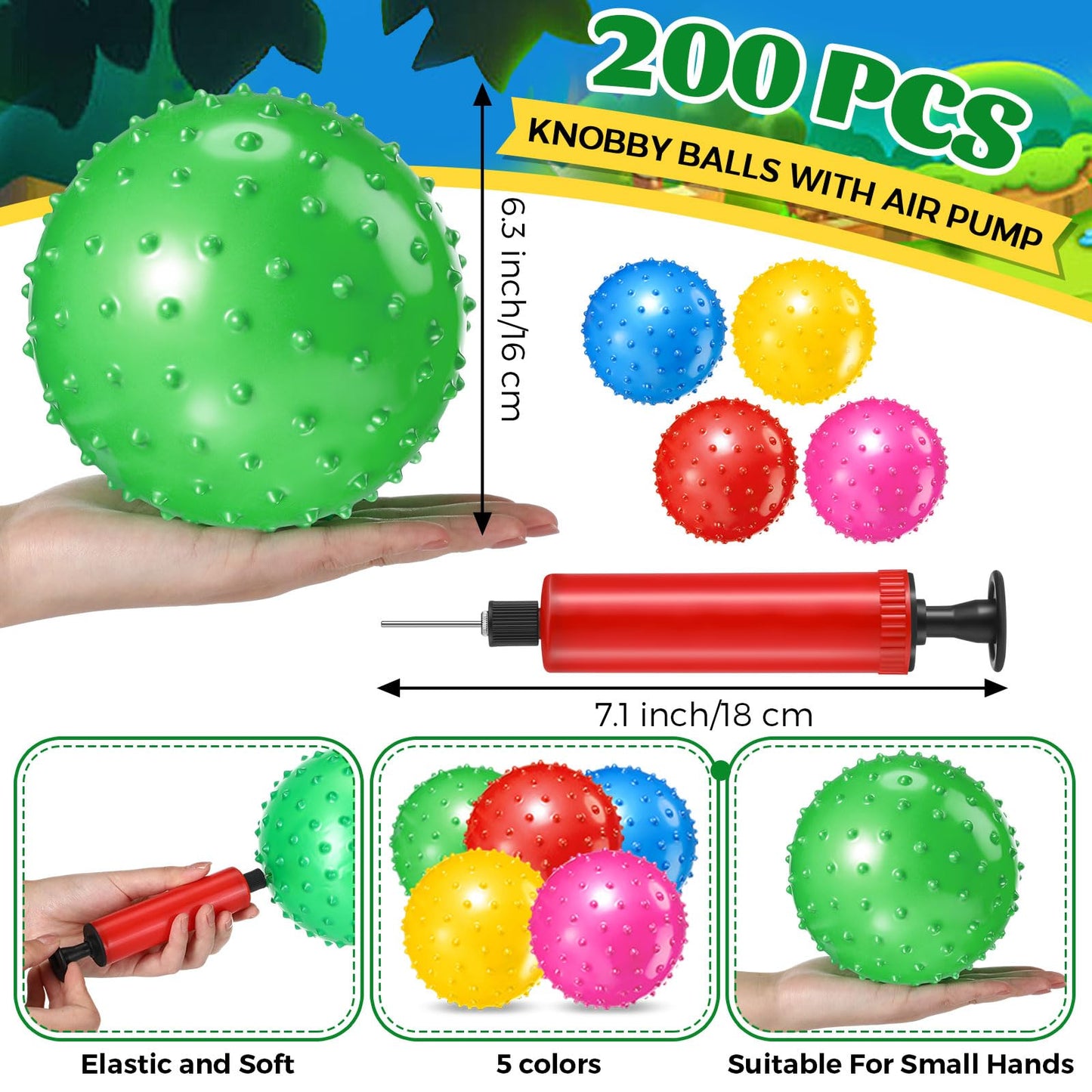 Lenwen 200 Pcs Kids Knobby Balls 6.3 Inch Soft Bouncy Balls Bulk for Toddlers Inflatable Sensory Toys with Air Pump Spiky Massage Stress Toys for Kindergarten Playground Backyard Pool, 5 Color