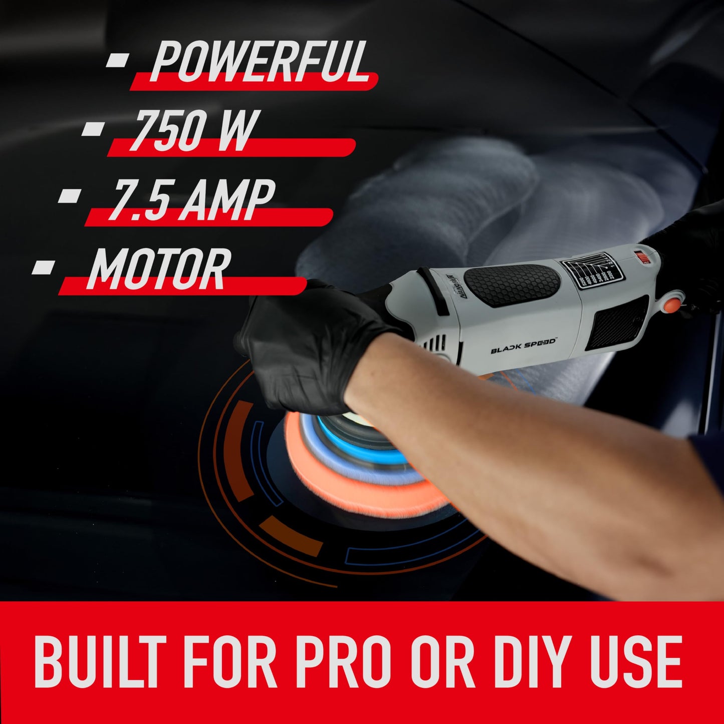 Nanoskin Black Speed 15mm Long-Throw Random Orbital Polisher - 750W, 7.5-Amp Motor, BOSCH™ Bearing Construction, Vented Flexible Backing Plate | For Automotive Paint, Glass, Metal Surfaces Detailing