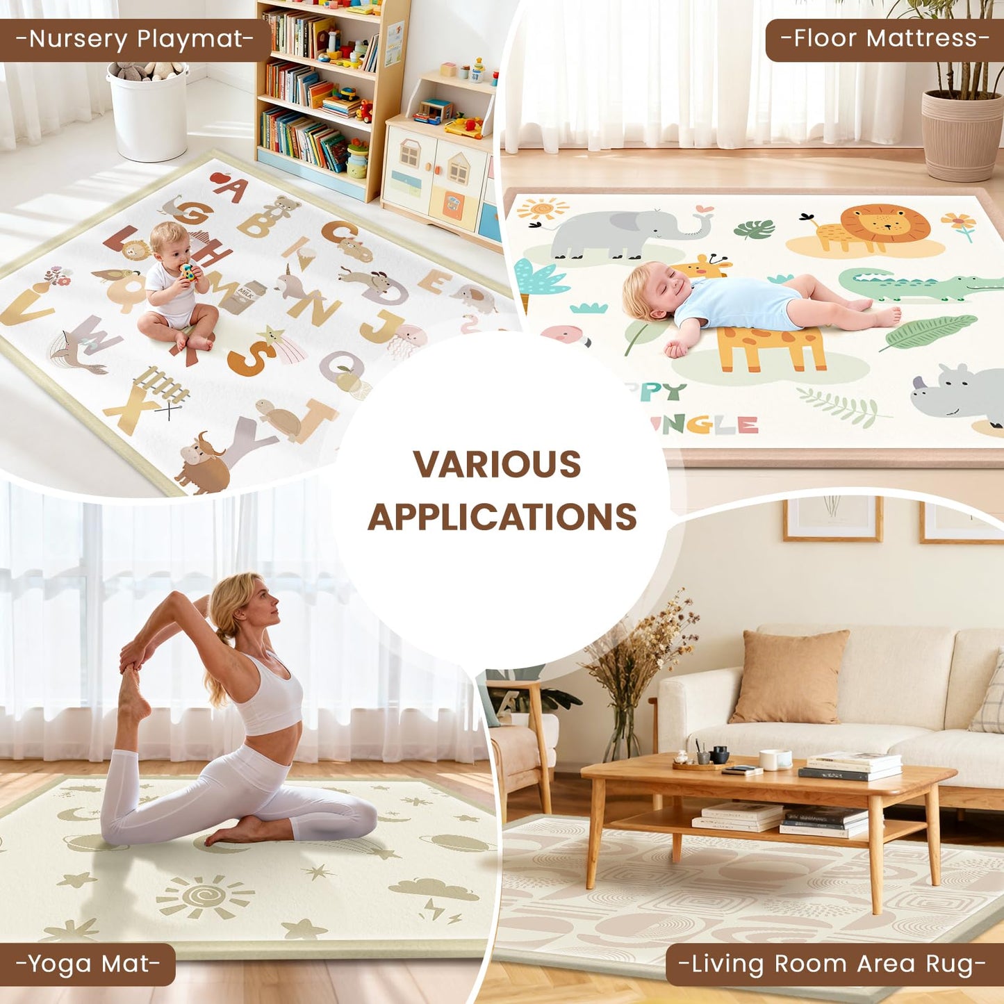 Omedecal 59"×71" Baby Play Mat for Floor & Playpen, 1.2" Thick High-Density Foam Nursery Mat for Tummy Time, Soft Plush Carpet with Non-Slip Bottom for Infant Toddler Baby Crawling & Playing (Khaki)