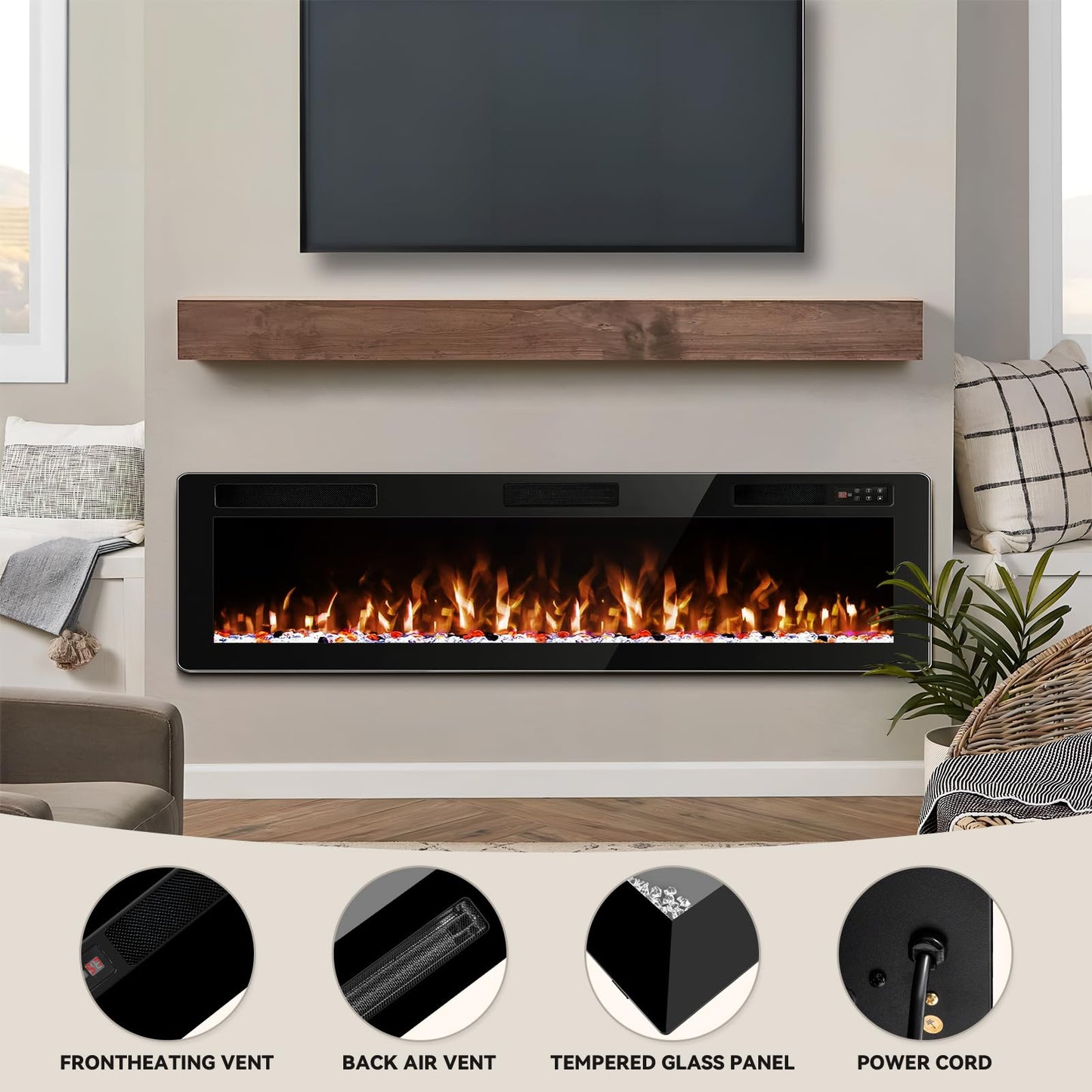 Tornivk 72 Inch Electric Fireplace Inserts Ultra-Thin 750/1500W Linear Electric Fireplace Heater Wall Mounted or Recessed Fireplace Electric with Adjustable Multicolor Flame,Timer