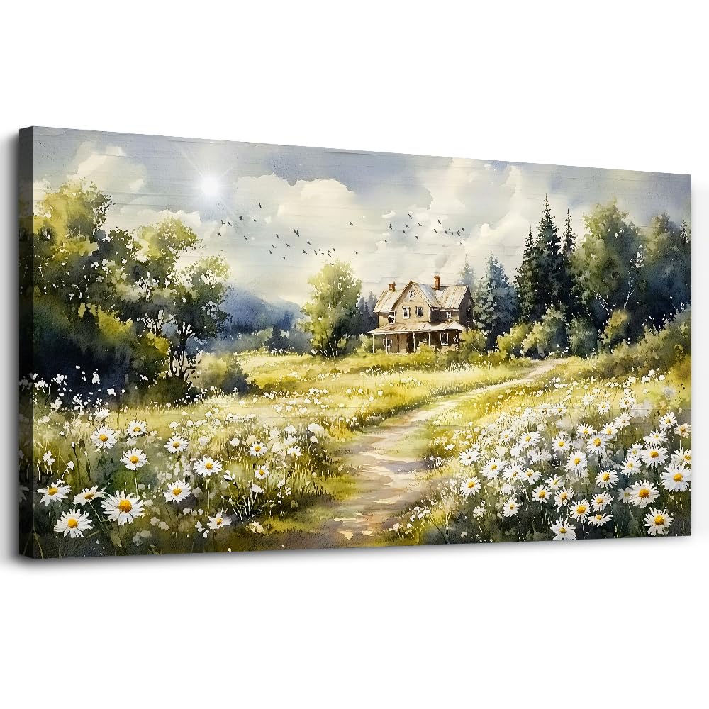 ERQINHUA Large Wall Art For Living Room Canvas Wall Decor For Bedroom Field Scenery Flower Watercolour Painting Office Decorations Stretched And Framed Wall Pictures Artwork Home Decor 30"X60"