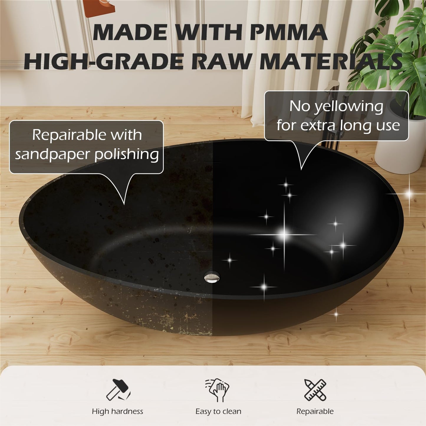 GIVINGTREE Freestanding Solid Surface Resin Stone Bathtub, Contemporary Design Stand Alone Tub with Pop-up Drain and Overflow, cUPC Certified