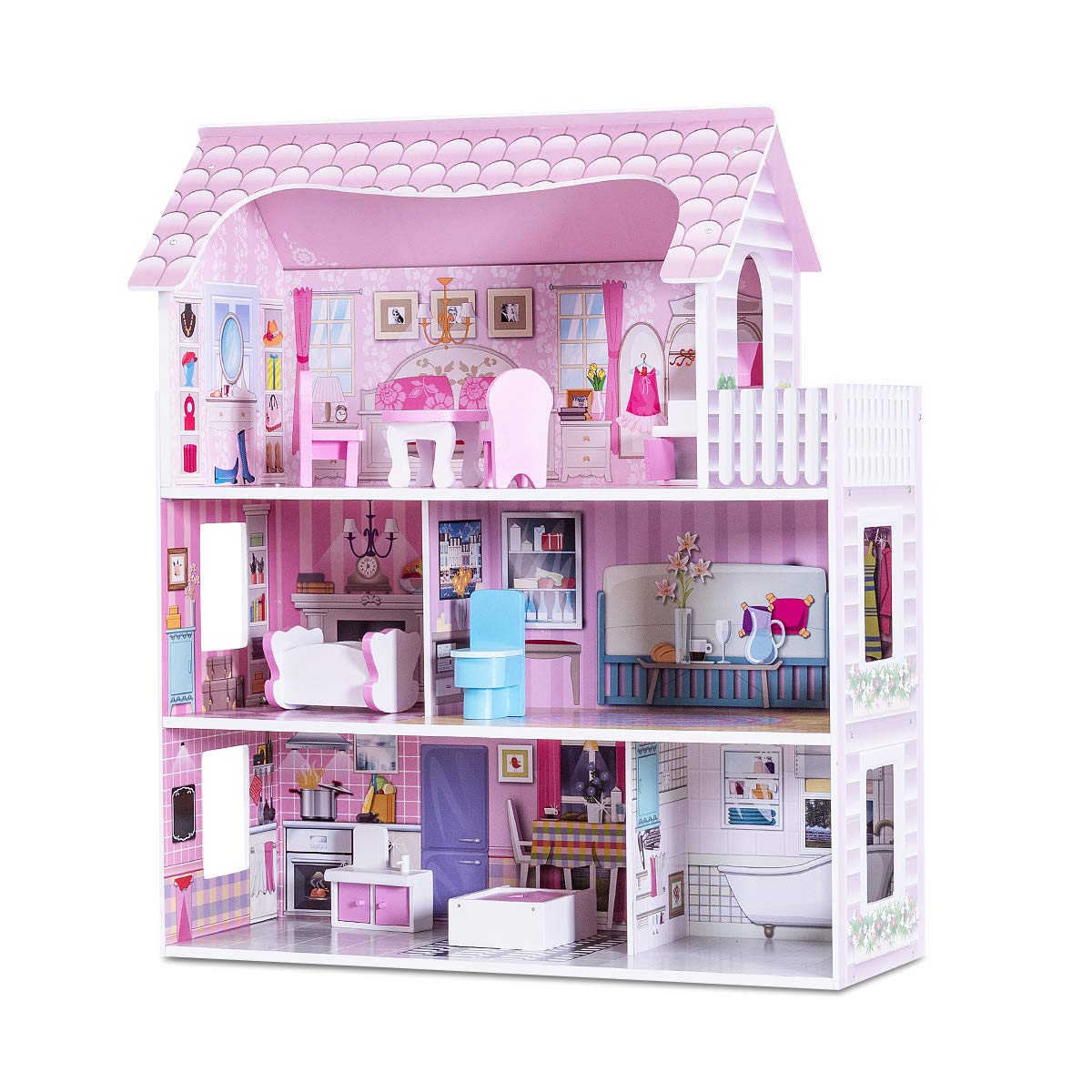 Honey Joy 3-Level Wooden Dollhouse with 8 Pcs Furniture, Pretend Play Kids Doll's House, Princess Mini Toy Playset, Gift for Little Girls (Pink, 2.5FT)