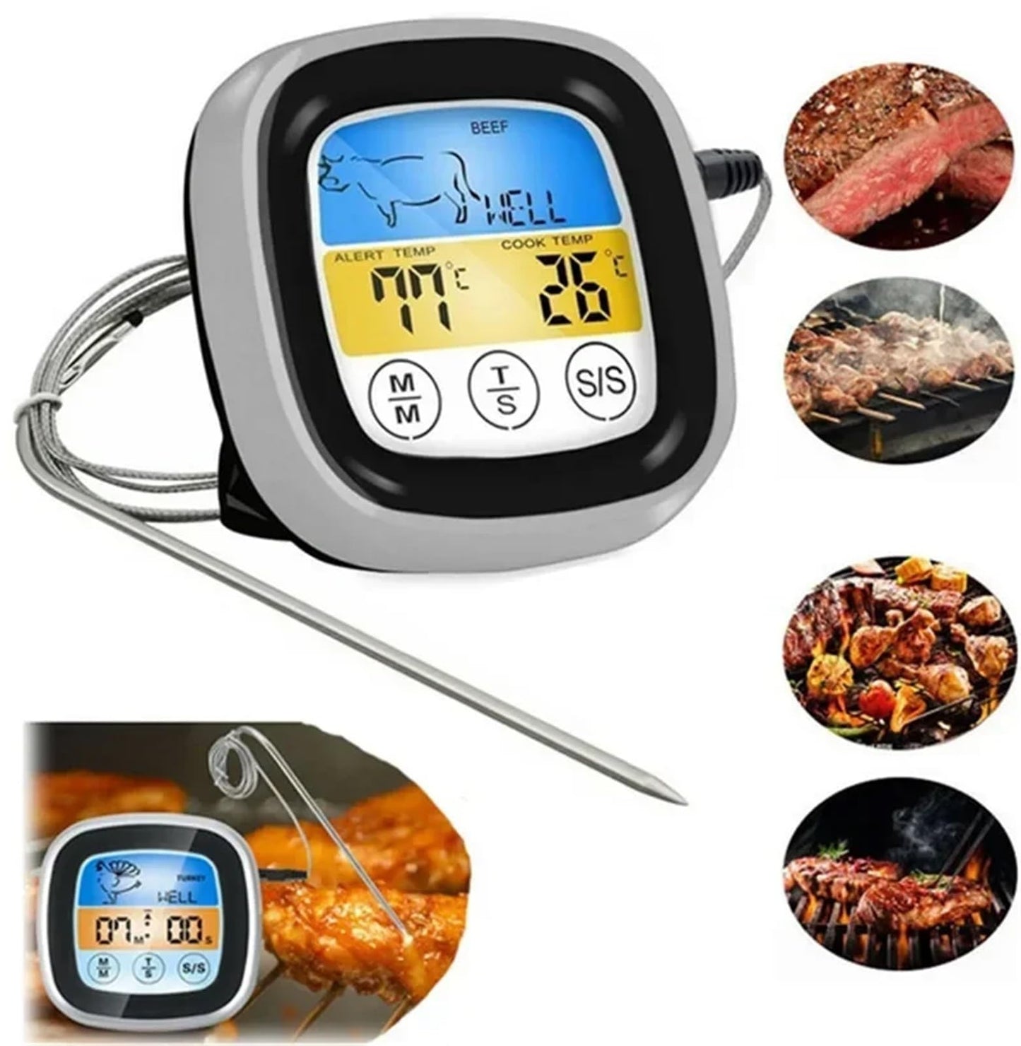 Digital Meat Thermometer for Oven Remote Read LCD Digital Food Thermometer Meat Probe Kitchen Cooking BBQ(White)
