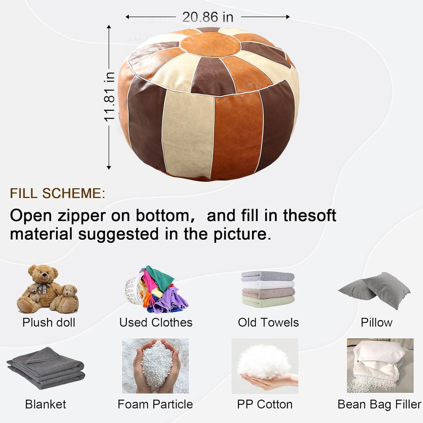 Louis Donné UNSTUFFED Pouf Ottoman Cover, Faux Leather Foot Stool for Foot Rest, Moroccan Style Pouffe Ottomans, 21" Round Handmade Small Bean Bag Covers for Storage, Footstools for Living Room