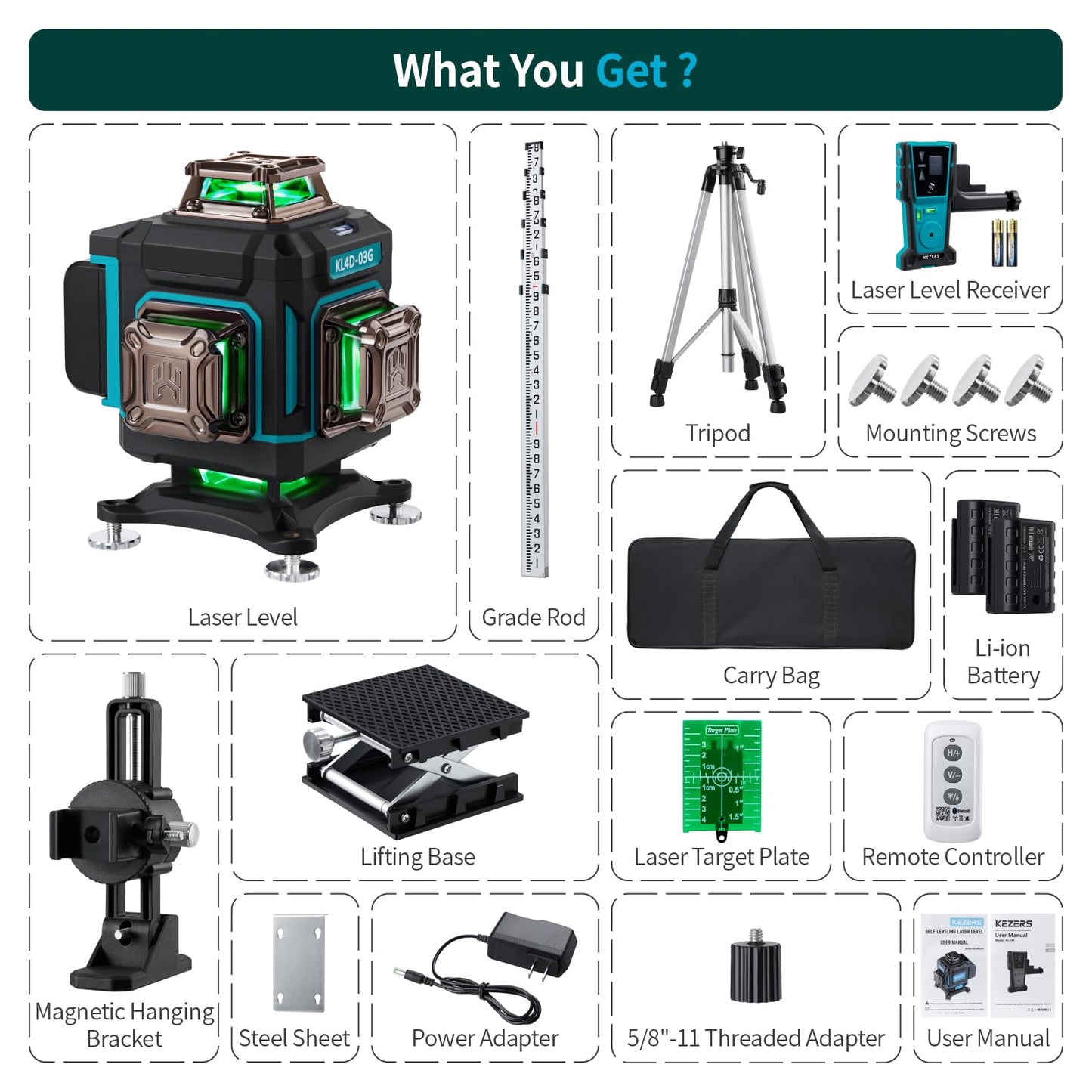 KEZERS Laser Level Set with Receiver,4 x360 Self Leveling Laser Level with Tripod and Grade Rod for Construction,Home Renovation,Hanging Pictures,2 Batteries,Remote Control,Touch Screen