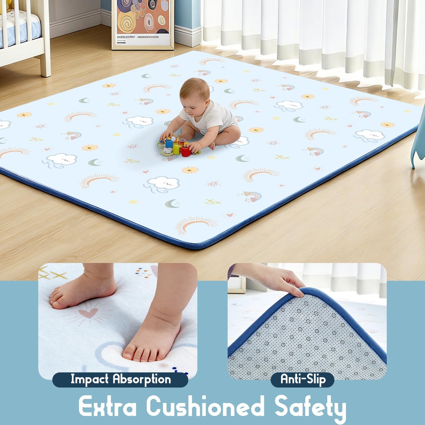 TreeBud Baby Play Mat for Floor, 1.3-Inch Thickened Foam Soft Padded Playmat for Tummy Time, 71x79 Water-Repellent Coral Velvet Playpen Mat for Toddlers Infant Kids, Sky Theme
