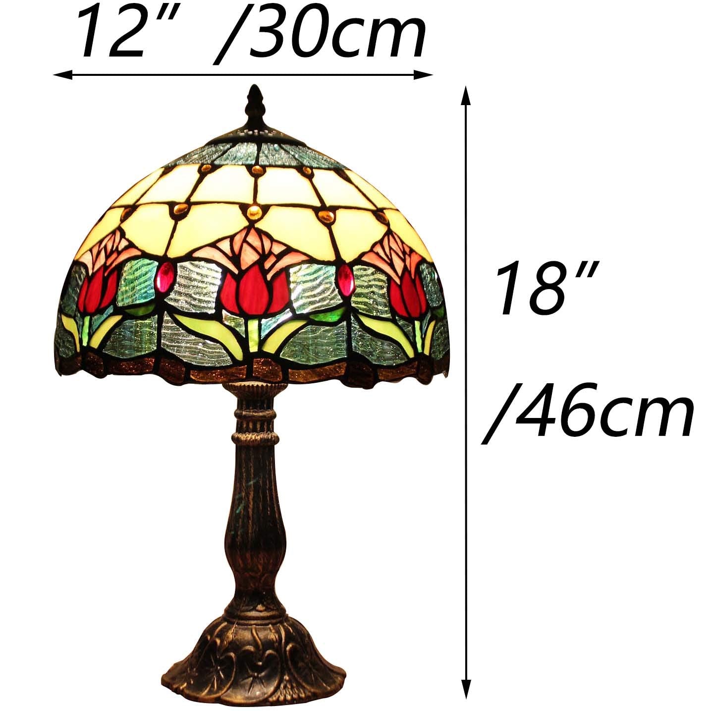 Bieye L10639 Tulip Flower Tiffany Style Stained Glass Table Lamp Night Light with 12 inches Wide Lampshade Metal Base for Bedside Bedroom Living Room, 18 inches Tall