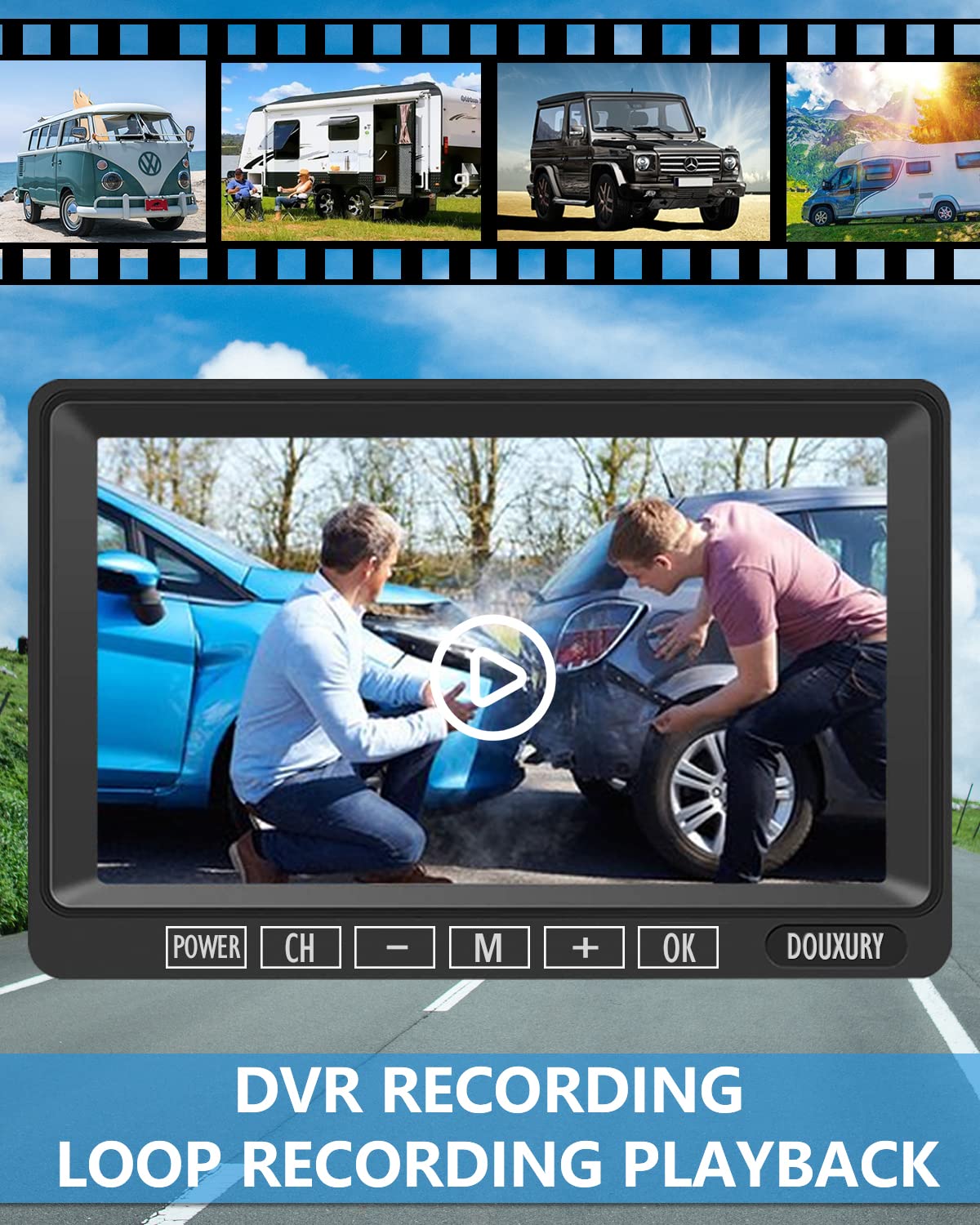 RV Backup Camera Wireless DOUXURY IP69 Waterproof 170° Wide View Angle HD 1080P Rear View Camera + HD LCD 7" Monitor, Digital Wireless Camera System for RV Truck 5th Wheel Trailer Pickup Camper Bus