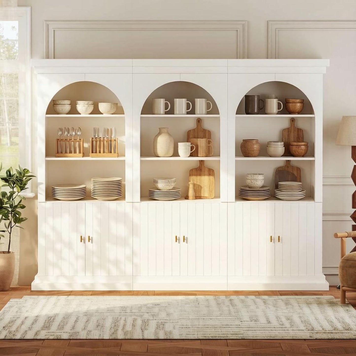Myricore 71" Arched Kitchen Pantry Cabinet, Tall Half Open Storage Cabinet with Drawers, Modern Display Hutch for Dining Room, Living Room, White with Gold Handles, 3 of Set