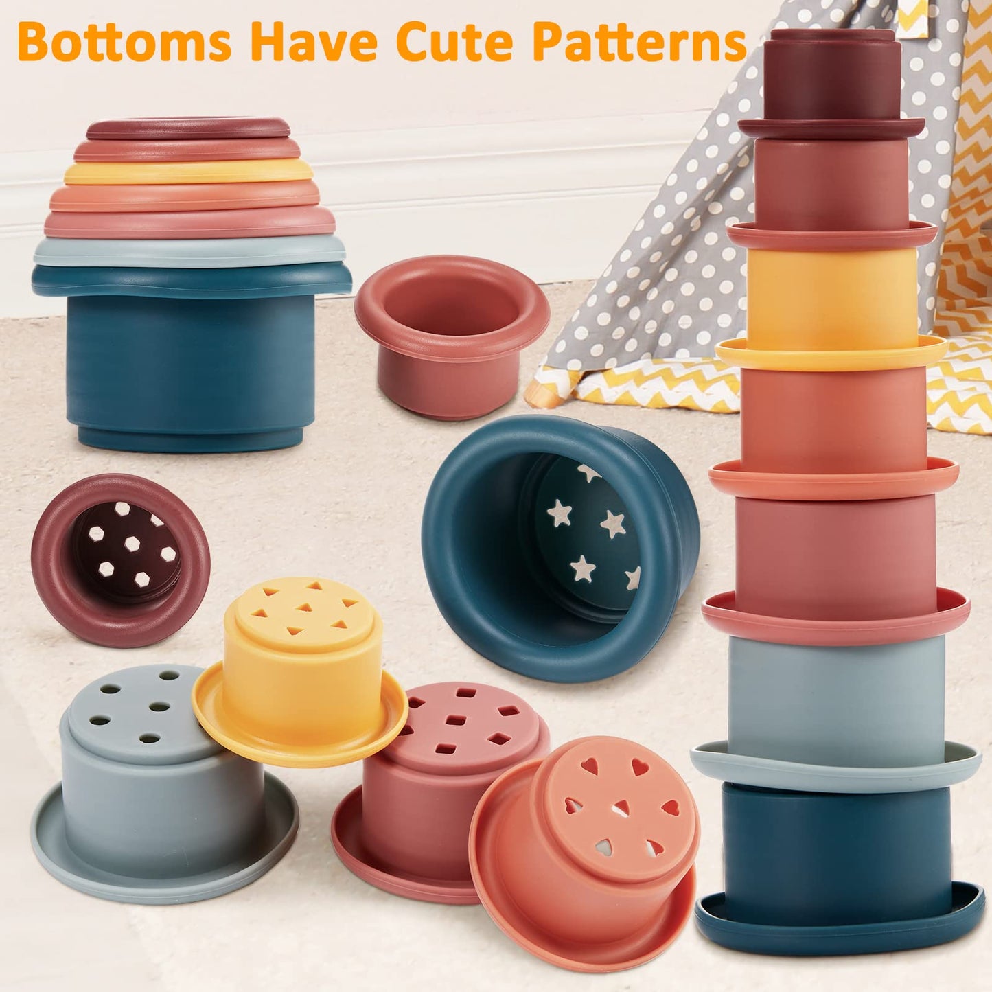3 Set Montessori Toys for Babies Soft Baby Stacking Cups Toy Silicone Ring Baby Stacking Blocks for Toddlers 6 to 12 Months Sensory Building Blocks with Number Fruit Shape Toddler Gifts for Christmas