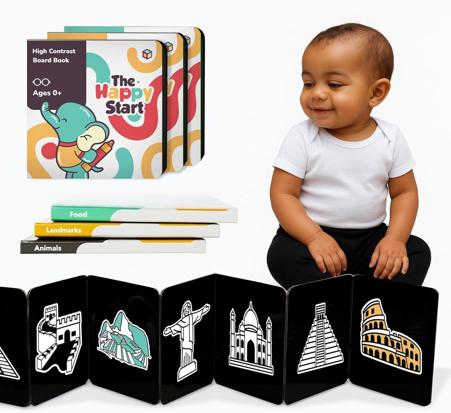 Happy Start Award-Winning High Contrast Board Book - Newborn Black & White Baby Cards, Easy to Clean, Hospital Approved, Stands on Its Own, Tummy Time Toy, Ages 0+ (3 Pack - Animals, Food, Landmarks)