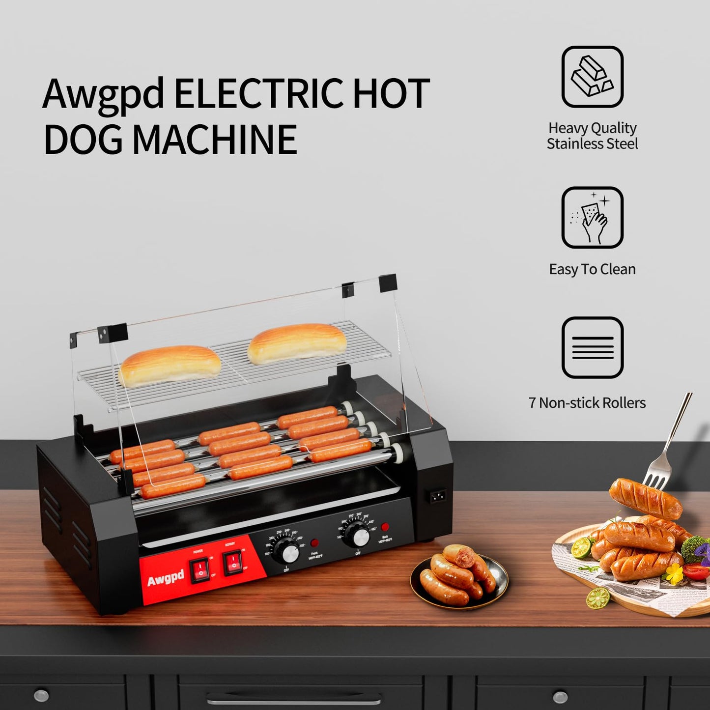 Hot Dog Roller 5 Rollers 12 Hot Dogs Capacity, 750W Stainless Steel Hot Dog Roller Machine with Dual Temp Control,Removable Drip Tray for Party Home Commercial (5 Rollers)