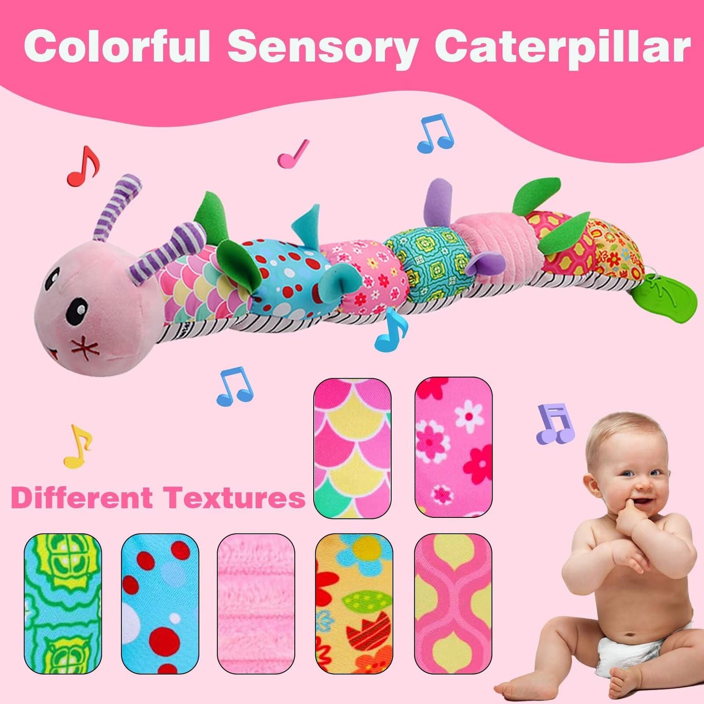 Pau1Hami1ton Baby Toys 0-3-6-12 Months Musical Plush Caterpillar Toy,Newborn Toys with Crinkle and Rattles,Baby Sensory Toys,Newborn Boy Girl Gifts.