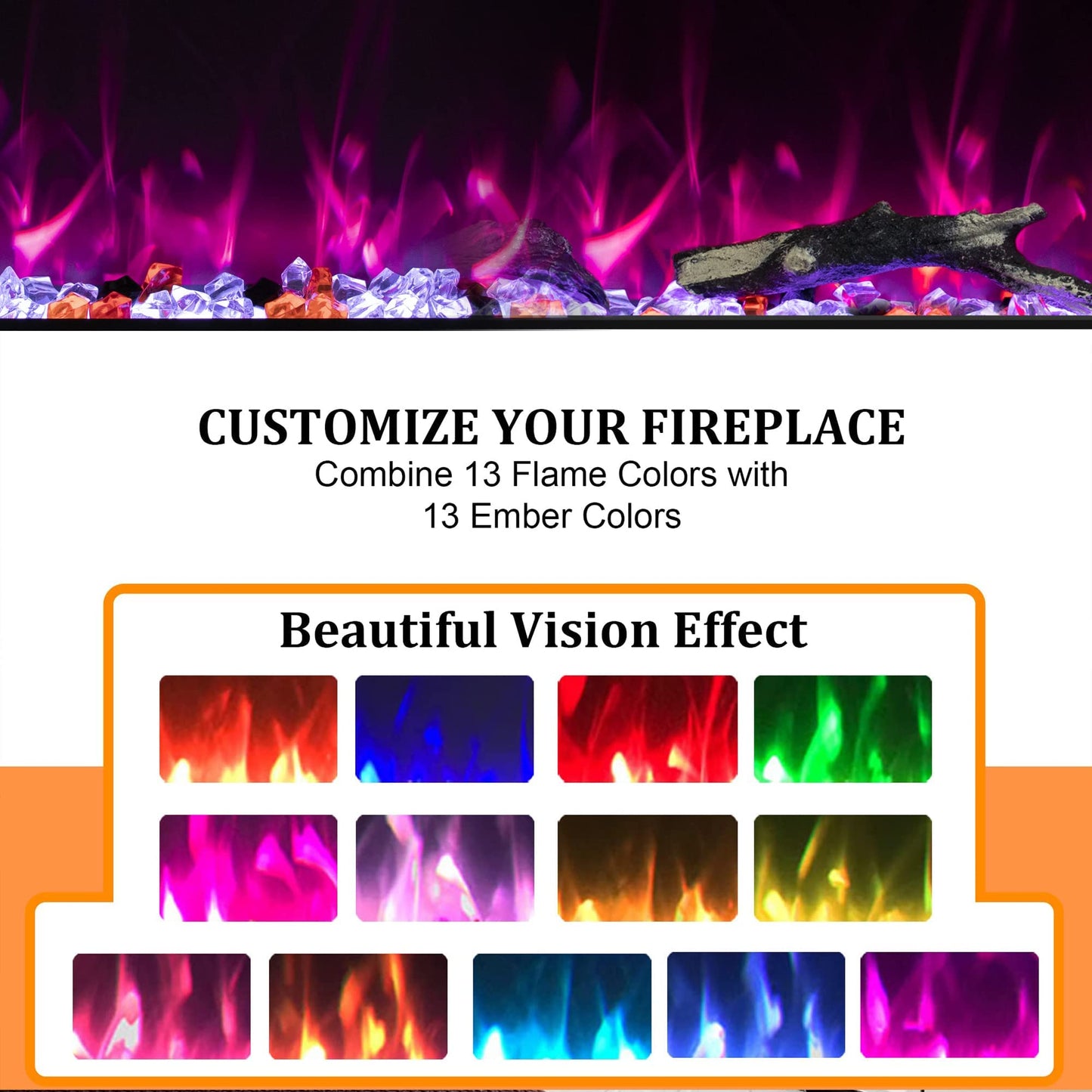 Oxhark Flame 72inch Electric Fireplace in Wall Recessed and Wall Mounted Fireplace Electric, 13 Flame Colors, Realistic Logs & Crystals Fuel Bed, Adjustable Temperature and Timer, 750W/1500W, Black