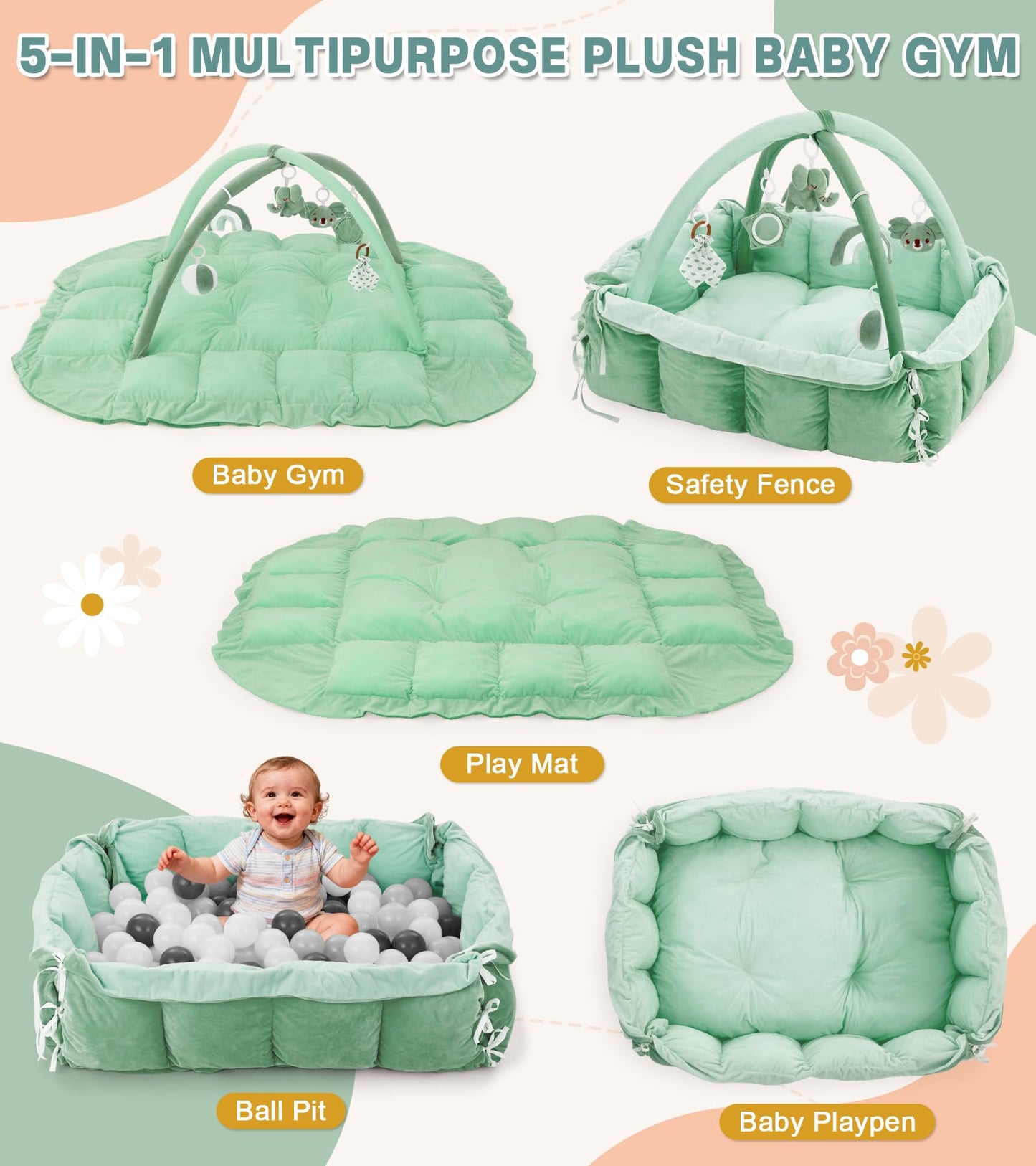 5-in-1 Baby Play Gym and Tummy Time Mat, 12 Learning Cards, Plush Activity Mat with 6 Toys, Baby Gym, Convertible to Ball Pit, Baby Gift, Sage Green