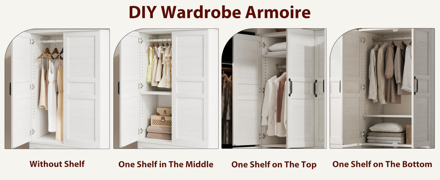 GarveeHome Armoire Wardrobe Closet with 4 Doors, 72 in Wooden Wardrobe Cabinet with Hanging Rod, Freestanding Tall Clothing Armoire Storage Cabinet with Adjustable Shelves for Bedroom, Rustic White
