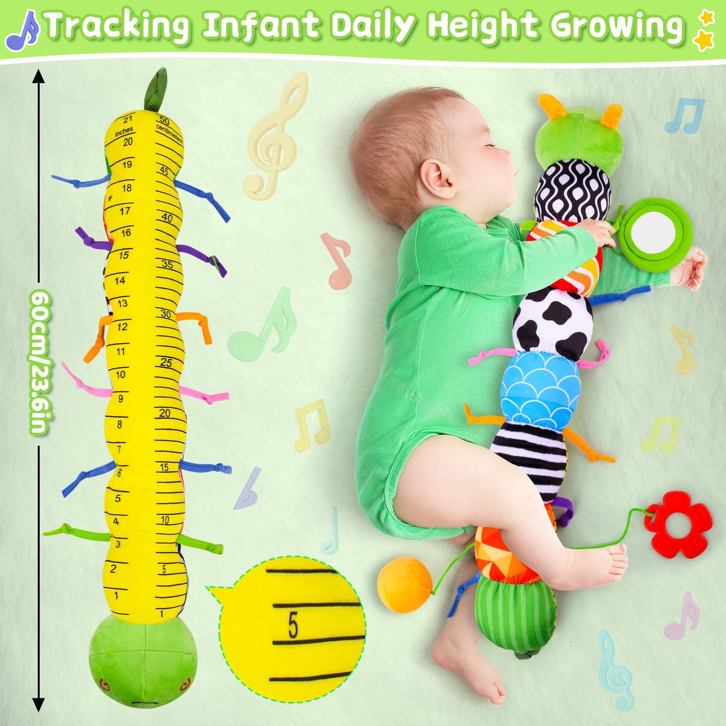 Vpkefla Baby Toys 0 to 12 Months, Stuffed Animal Infant Tummy Time Toys Sensory Toys with Crinkle, Rattles, Textures and Mirror Gifts for Newborn Boy Girls Toddlers, Caterpillar Musical Toy (Green)