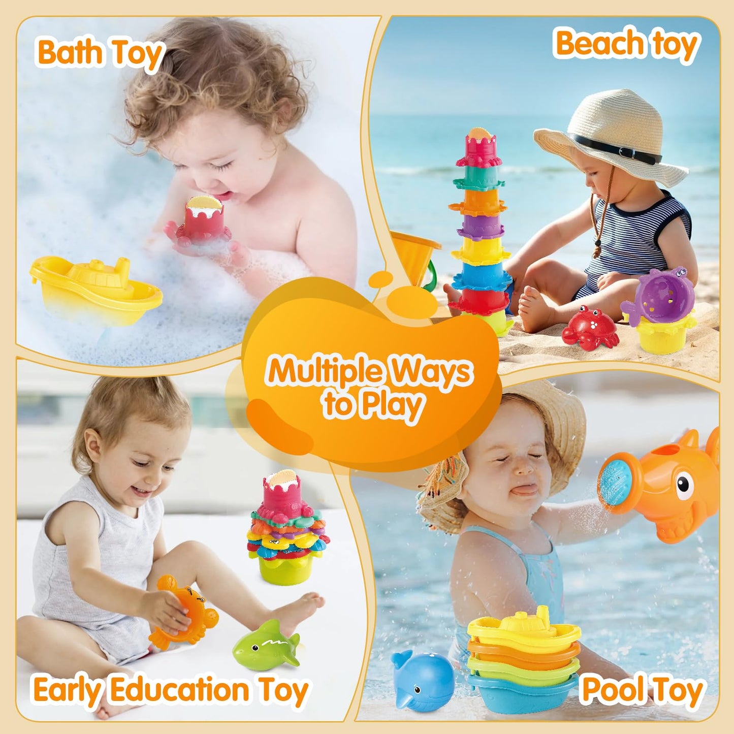 Water Table Toys for Toddlers 1-3, 16PCS Bath Toys for Babies 6-12 Months wtih Floating Boats, Stacking Cups, Shark Water Can & Marine Animal Silicone Toys, Pool Beach Idea Gift for Boys Girls