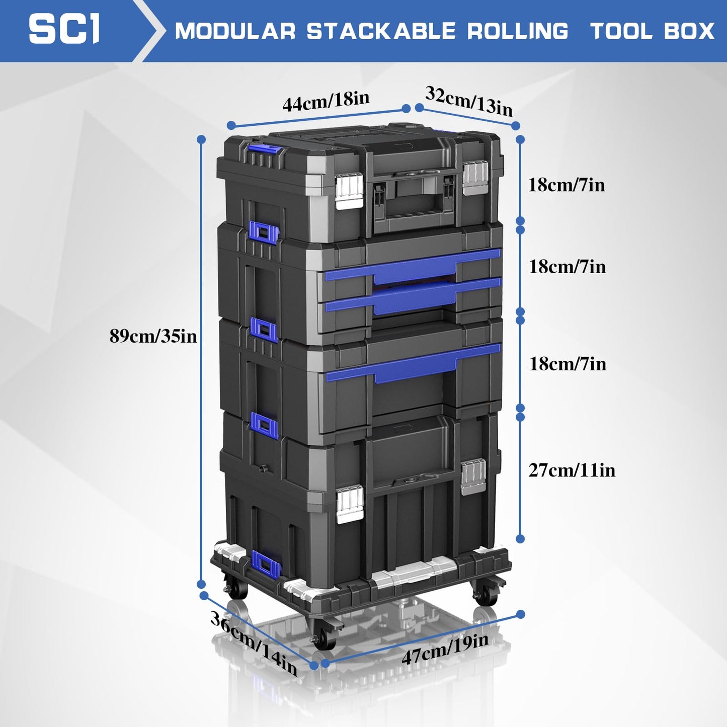 4 Tier Stackable Rolling Tool Box with Wheels | Modular Tool Organizer Box Storage System | Portable Tool Box with Drawers | Tough and Durable | for Garage Storage | Home Repairs | Professional Work