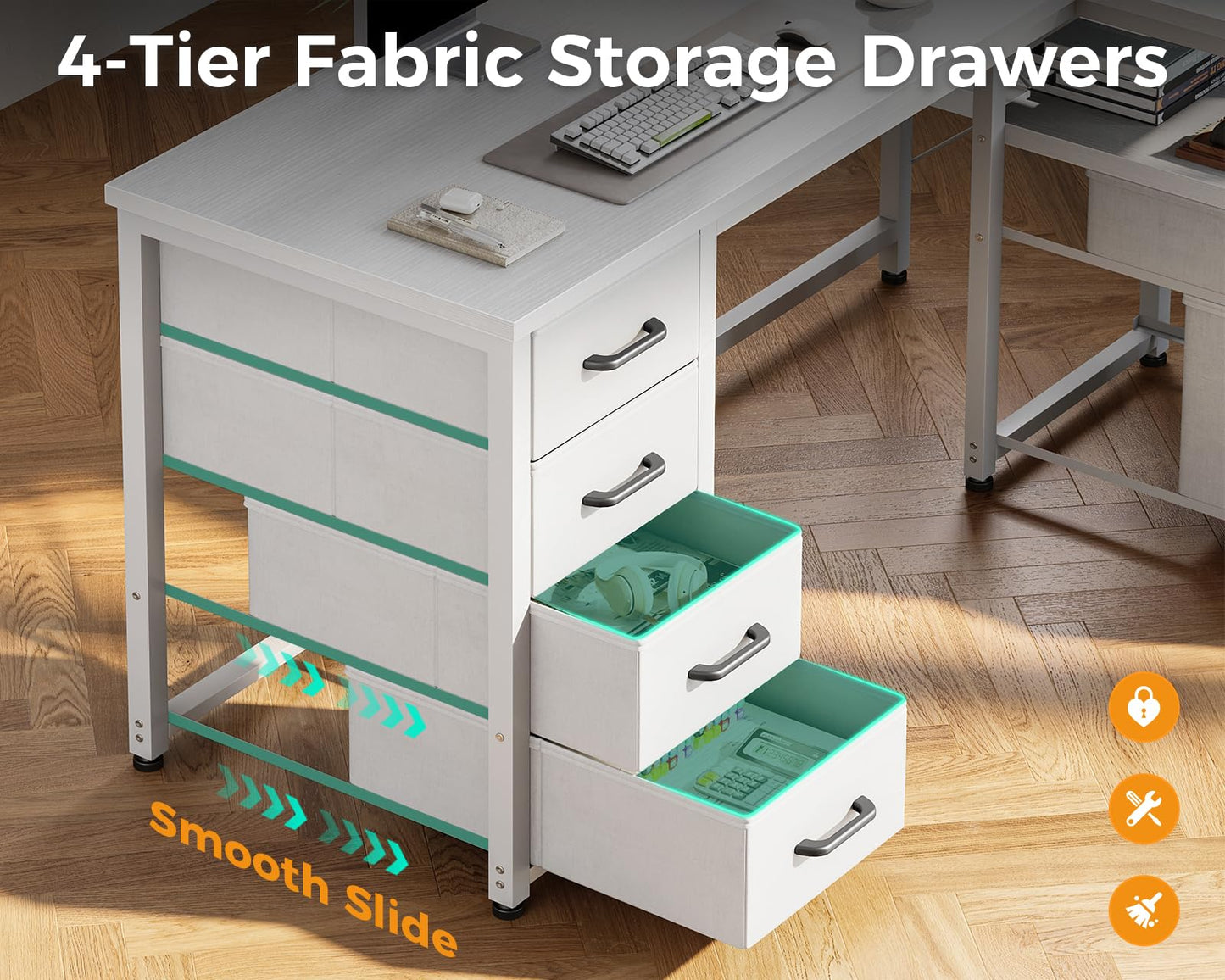 Coleshome L Shaped Computer Desk with 6 Drawers & Power Outlet, 55 Inch Corner Desk with Reversible Storage Shelf & File Drawer, Home Office Desk, White