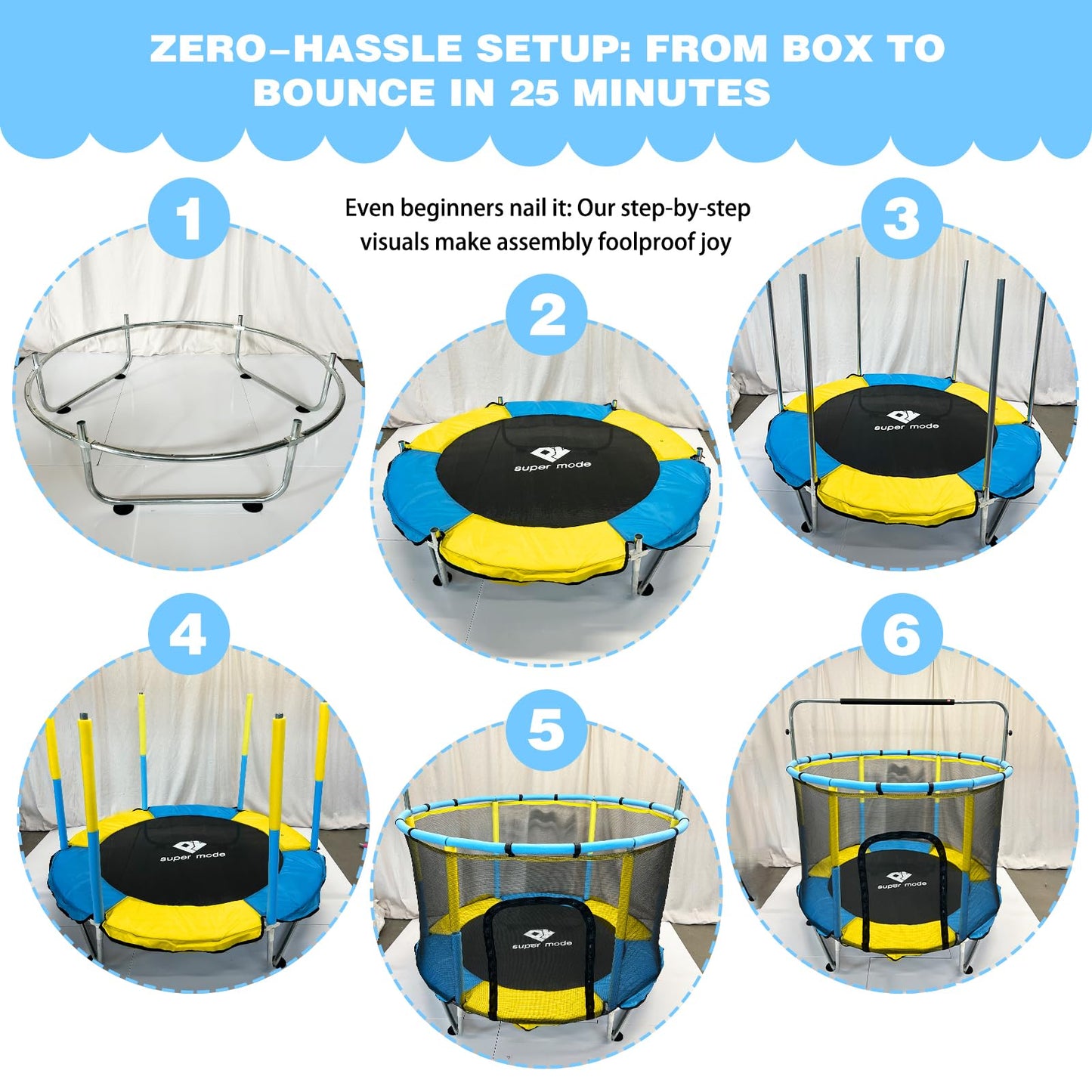 55" Indoor & Outdoor Trampoline for Kids with Enclosure, Toddler Trampoline with Adjustable Gymnastics Bar & Toys, No-Gap Safety Design (Yellow&Blue)