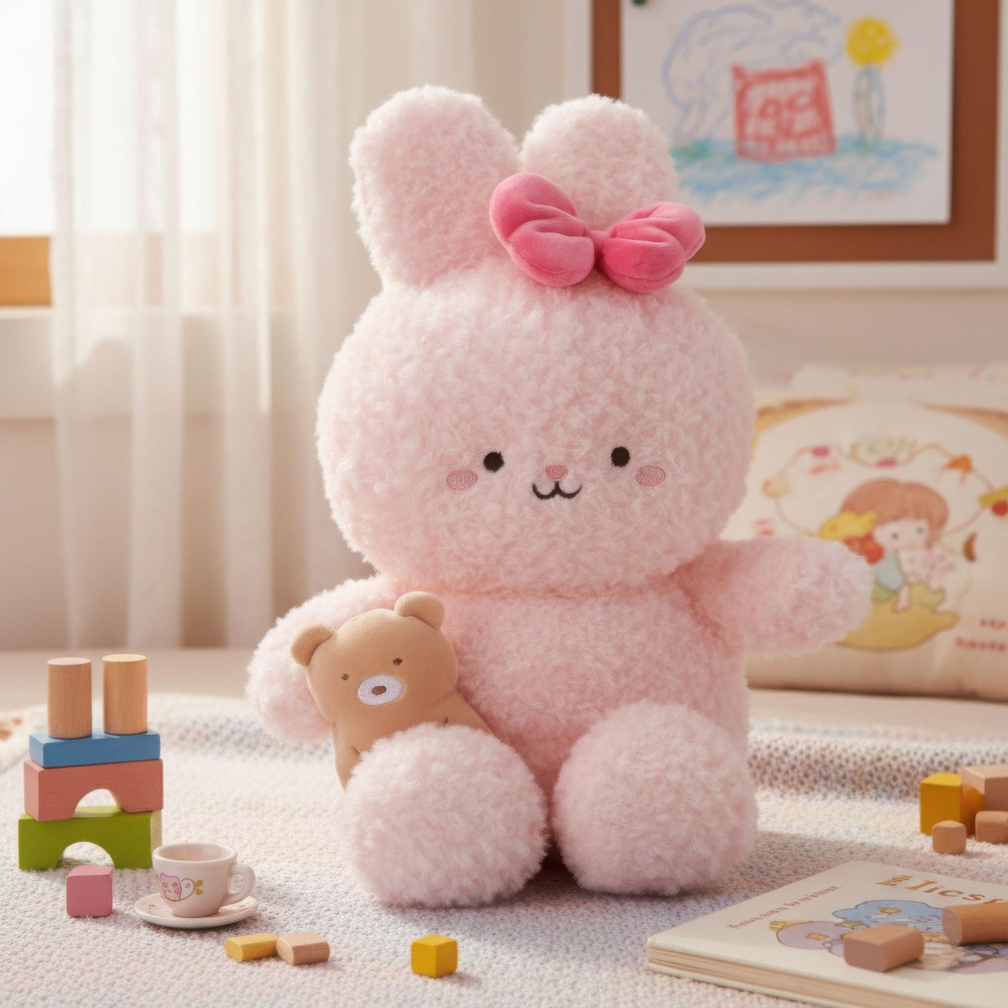 Linzy 10” Bowtie Bunny Stuffed Animal Holding Bear, Soft Pink Plush Toy for First Day of School, Birthday, Christmas, Valentine’s Day & Holidays, Plushie for Girls, Toddler, Kids & Women