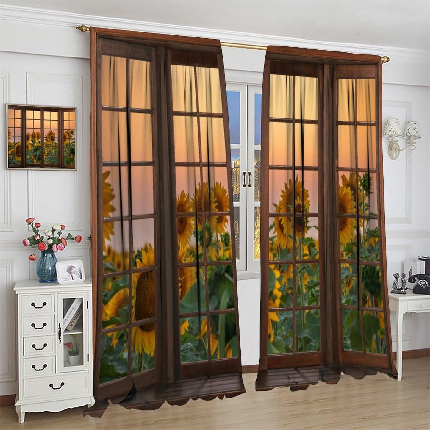 FAOTELY Beautiful Sunflower Landscape Curtains Rustic Vintage Sunflower Sunsets Sunrises Scenery Blackout Window Drapes for Bedroom Living Room Kitchen Cafe （W26xL84 Inch） x2 Panels