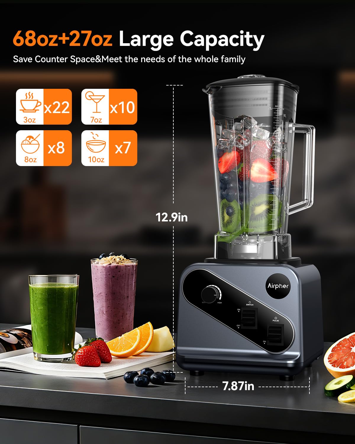 Blenders for Kitchen, 2000W Professional Blender, 68oz Large Capacity with 27oz To-Go cup, Smoothies Blender with 35000RPM to Make Soups, Jams, Fruit, Dishwasher Safe, BPA-Free, Valentine's Day Gift