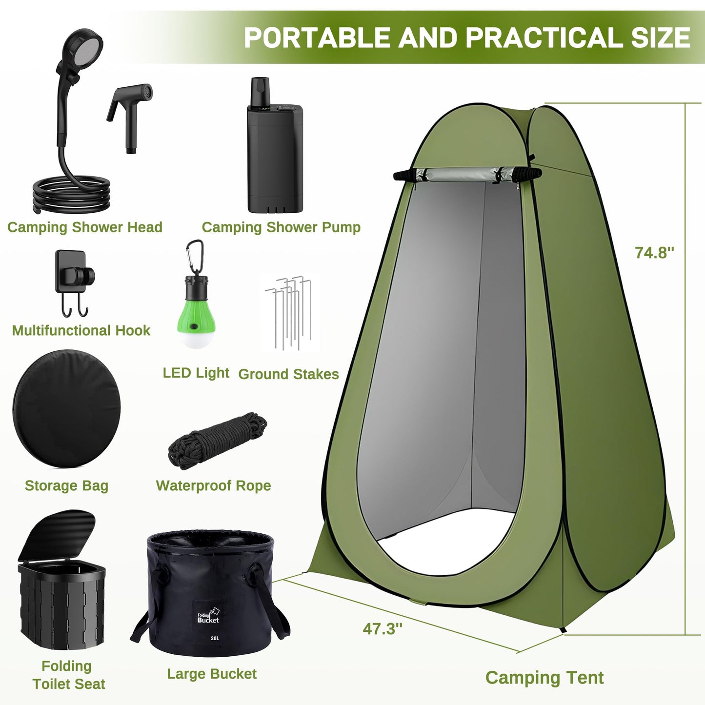 Portable Camping Shower, Pop Up Privacy Tent Kit with LED Light and Foldable Toilet, 6000mAh LCD Screen Shower Pump, 5.3 Gallons Bucket, Outdoor Shower for Hiking, Travel, Car