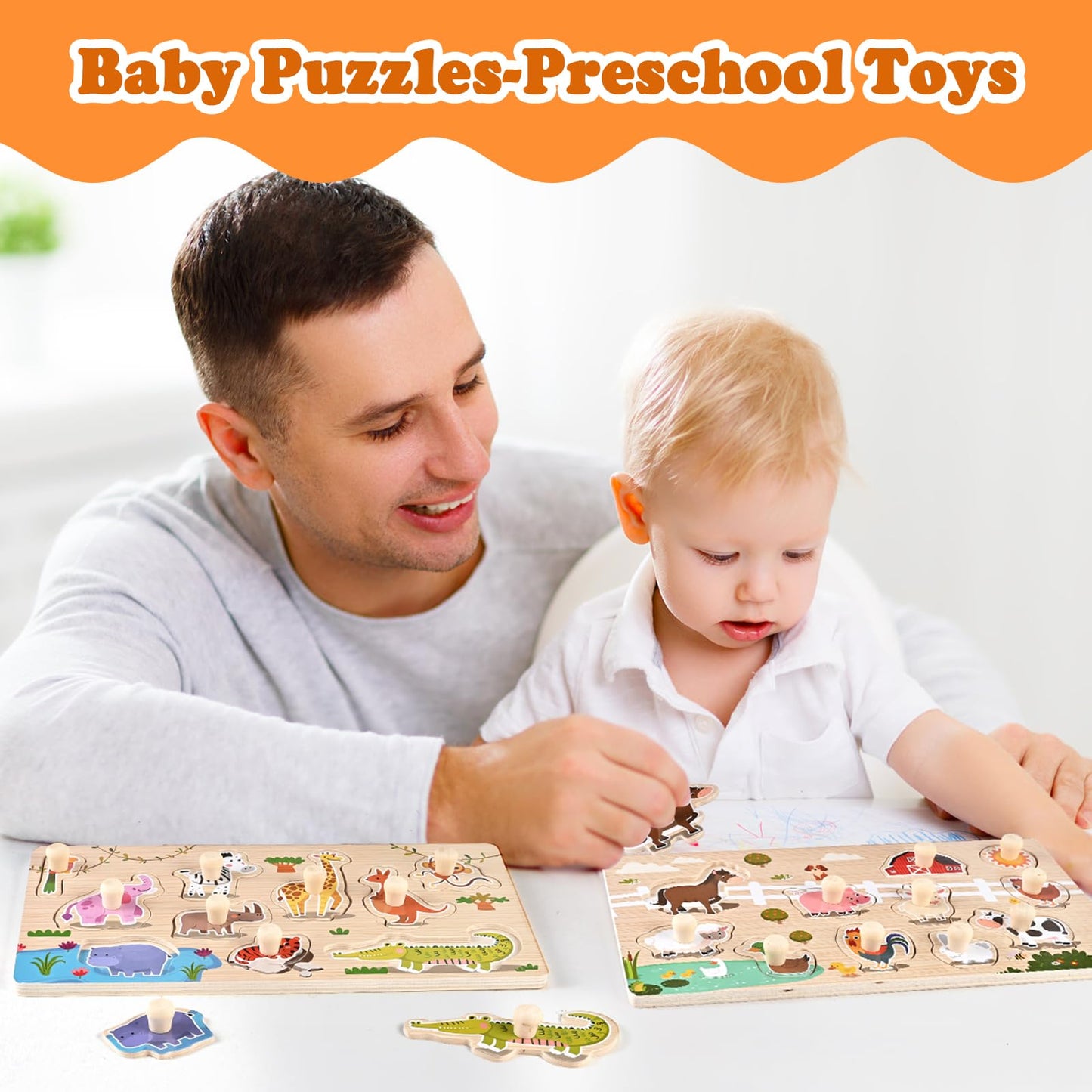WoodTrove Wooden Peg Puzzles for Toddlers 1-3, 2 Pcs Montessori Puzzles, Zoo & Farm Animal Puzzles, Great Preschool Educational Learning Gifts for Girls and Boys