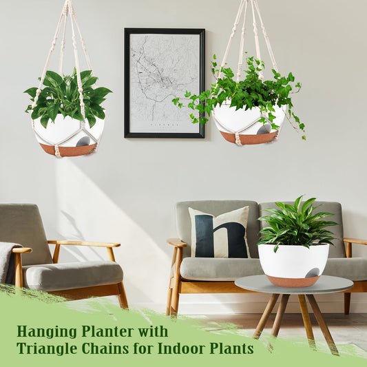 Hanging Planters for Outdoor Indoor Plants, 2 Pack 12 Inch Hanging Basket Plants Outdoor, Self Watering Hanging Planter with Plant Hanger for Garden Home Decoration (2 Type Plant Hangers White)