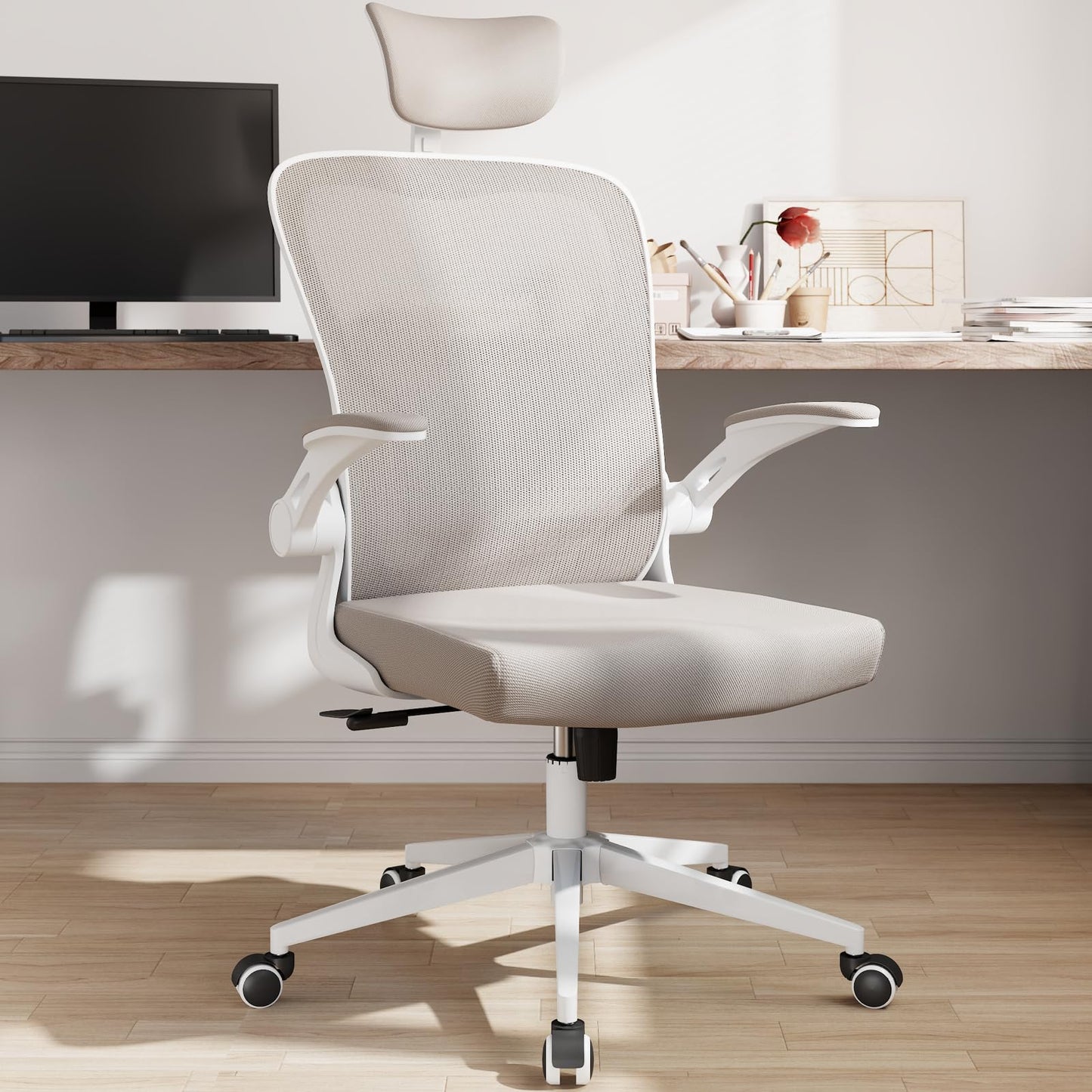 Office Chair Ergonomic Desk Chair with Lumbar Support&Headrest&Flip-up Arms Height Adjustable Rocking Swivel High Computer Chair Multi-Angle from 90° to 125° with 350LBS Capacity(White+Khaki-2)