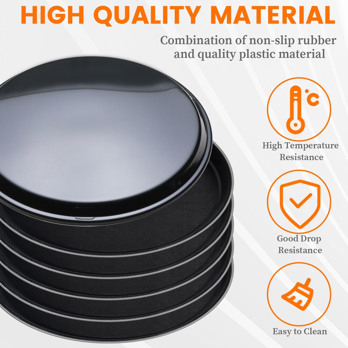 6 Pieces Restaurant Serving Tray, Non Slip Surface Round Tray Plastic Food Meals Server with Raised Edges for Home, Kitchen, Restaurant, Cafeteria, Bar, Hotel (Black, 6 Pcs 11 Inch)