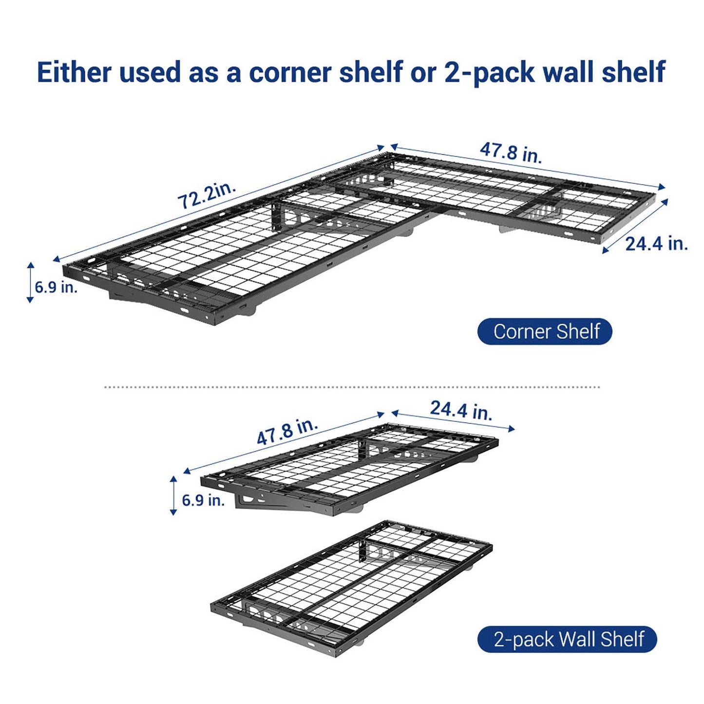 FLEXIMOUNTS 2x8 Overhead Garage Storage Rack, plus 2-Pack 2x4ft Corner Wall Mounted Floating Shelves, 450lbs+440lbs Capacity, Heavy-Duty Garage Organizer, Black