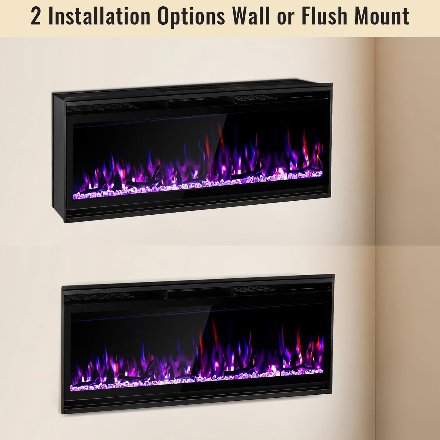 60 Insert Electric Fireplace, Fully Recessed or Wall Mounted, 4 Flame Colors, 4 Brightness Levels, Crystals,Log, Remote Control, 750-1500W.